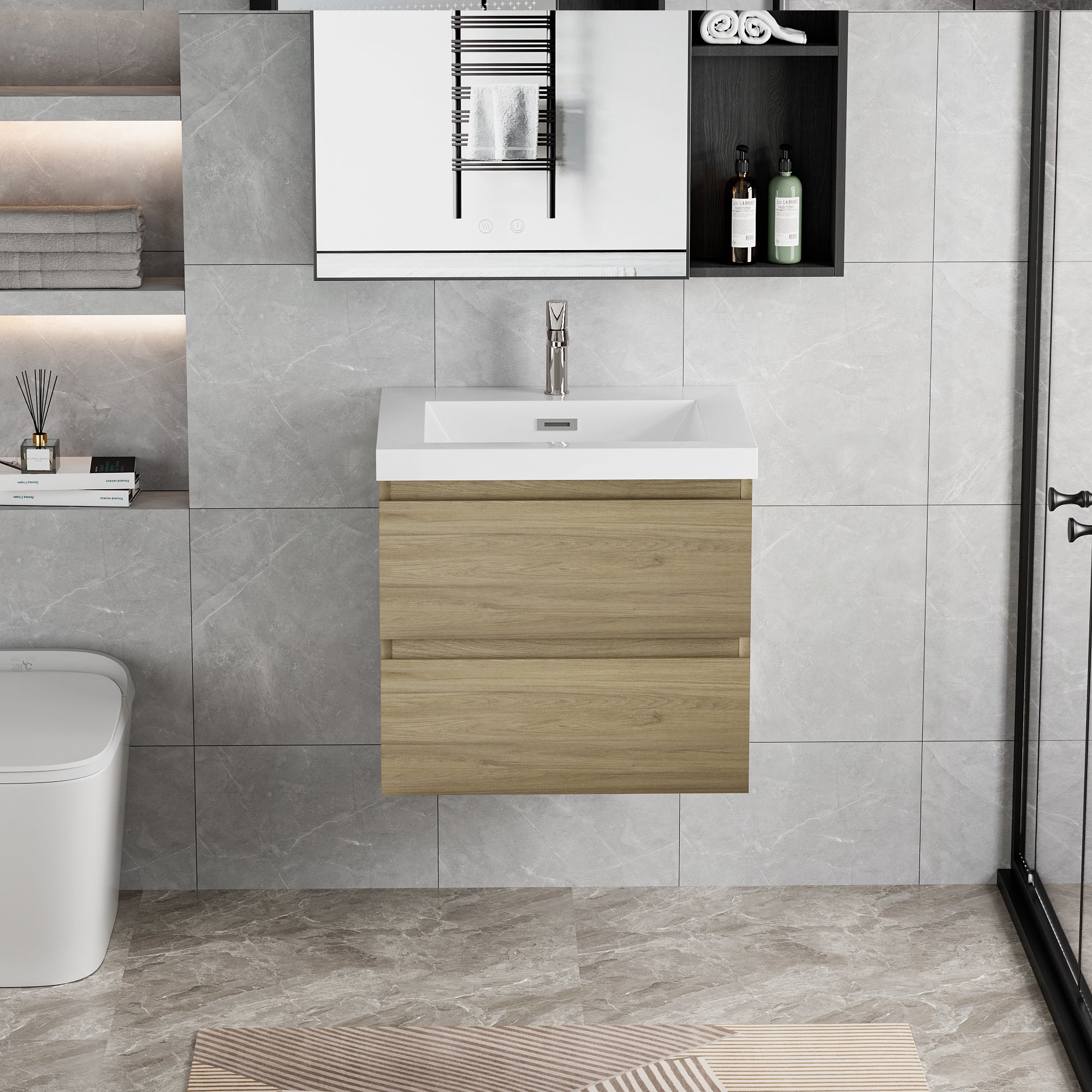 30" Floating Bathroom Vanity With Sink, Modern Wall Mounted Bathroom Storage Vanity Cabinet With Resin Top Basin And Soft Close Drawers, Natural Oak 24V11 30No 2 Oak Bathroom Wall Mounted Melamine