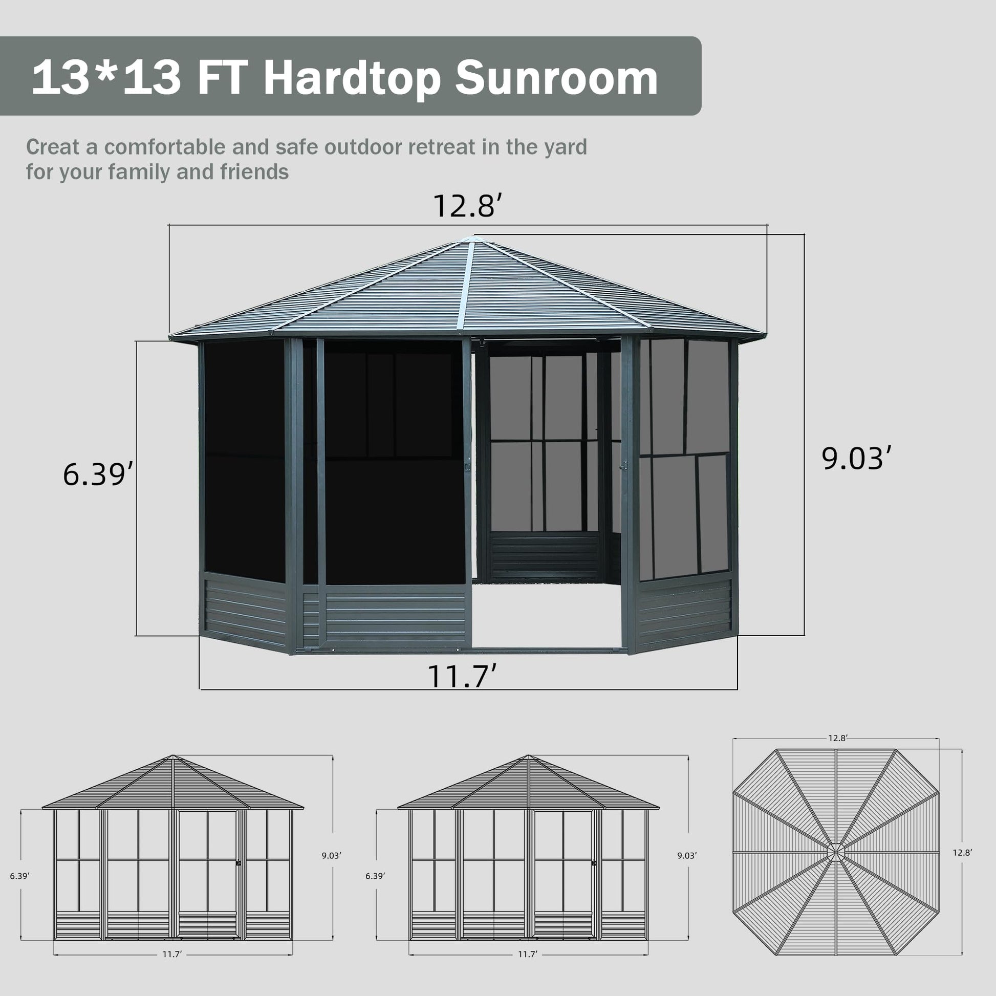 13 X 13 Ft Sunroom Octagonal Solarium,Screen Houses For Outdoors Backyard With Lockable Sliding Door,Moveable Pc Screen,Galvanized Steel Sloping Roof Dark Gray Aluminum