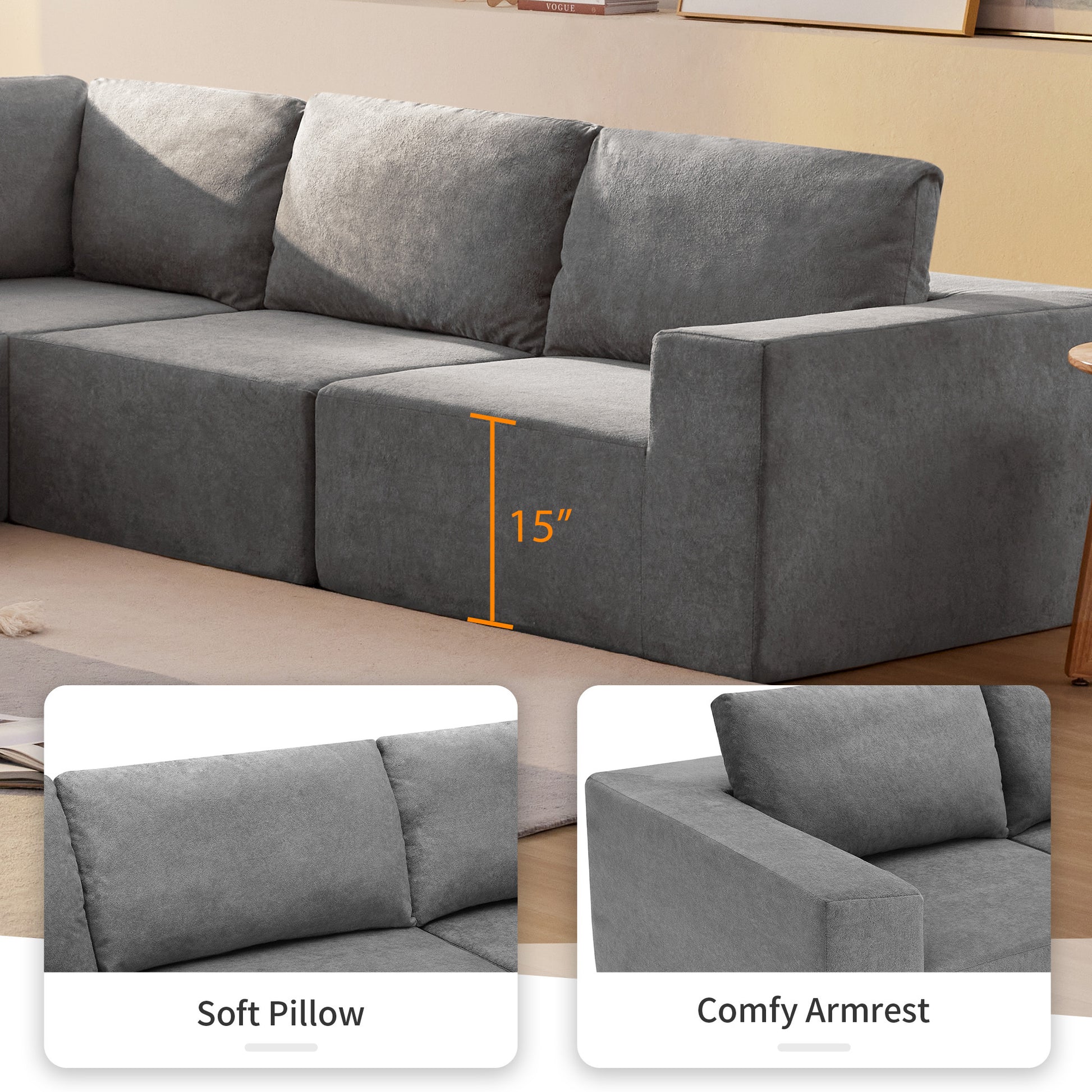 116*116" Modular L Shaped Sectional Sofa,Luxury Floor Couch Set,Upholstered Indoor Furniture,Foam Filled Sleeper Sofa Bed For Living Room,Bedroom,5 Pc Free Combination,3 Colors Gray Fabric 5 Seat