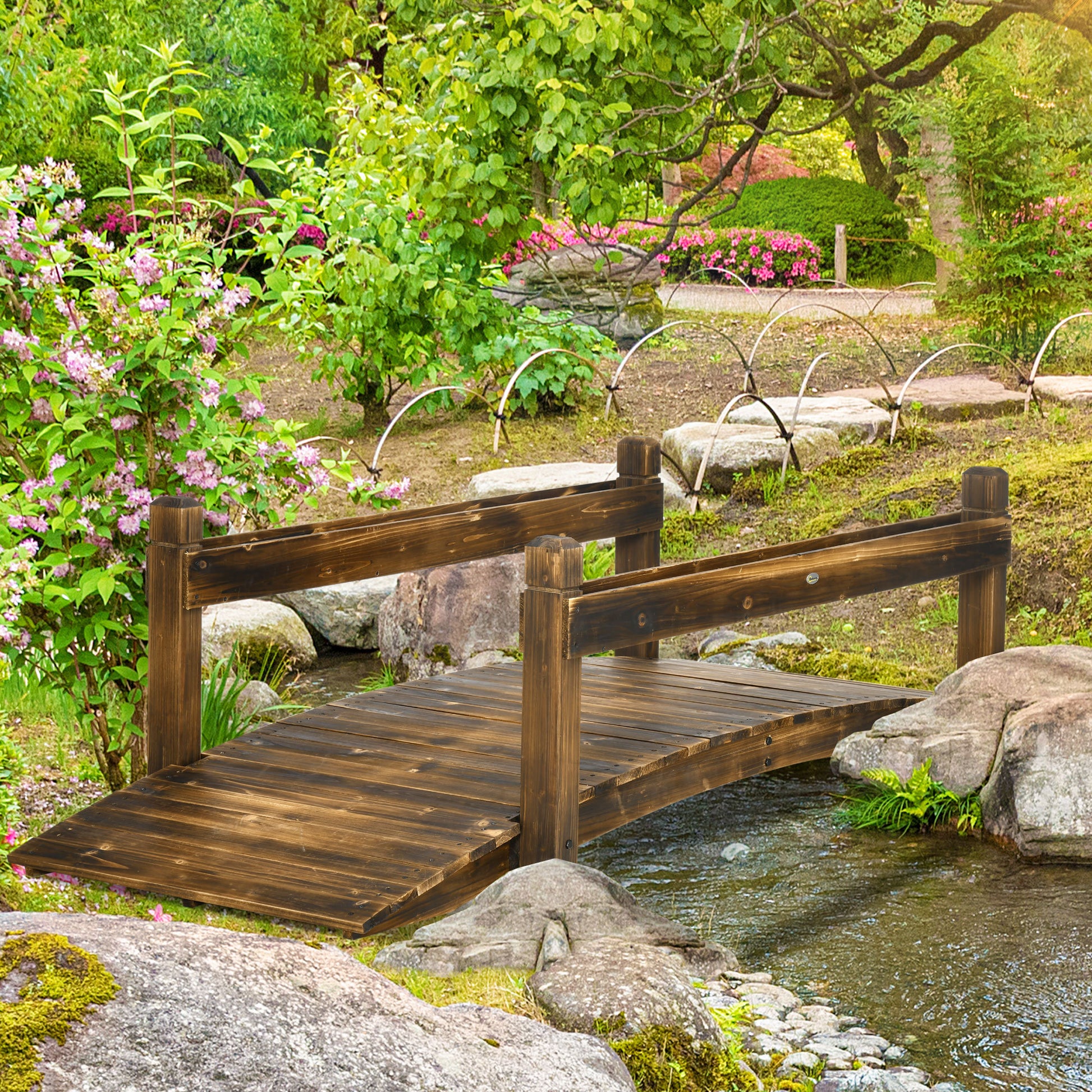 Outsunny 7.5' Wooden Garden Bridge With Planters, Stained Finish Arc Footbridge With Safety Railings For Backyard, Pond Stream, Stained Wood Brown Wood