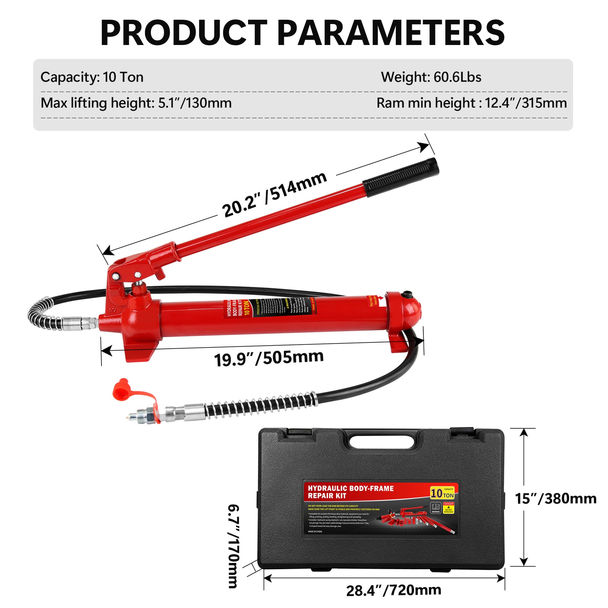 Power Hydraulic Ram Cylinder Jack: Single Acting Mini Jack, Porta Power Kit, Stroke For Building, Bridge, Construction, Precision Machinery, Small Spaces 10 Ton Capacity Red Steel