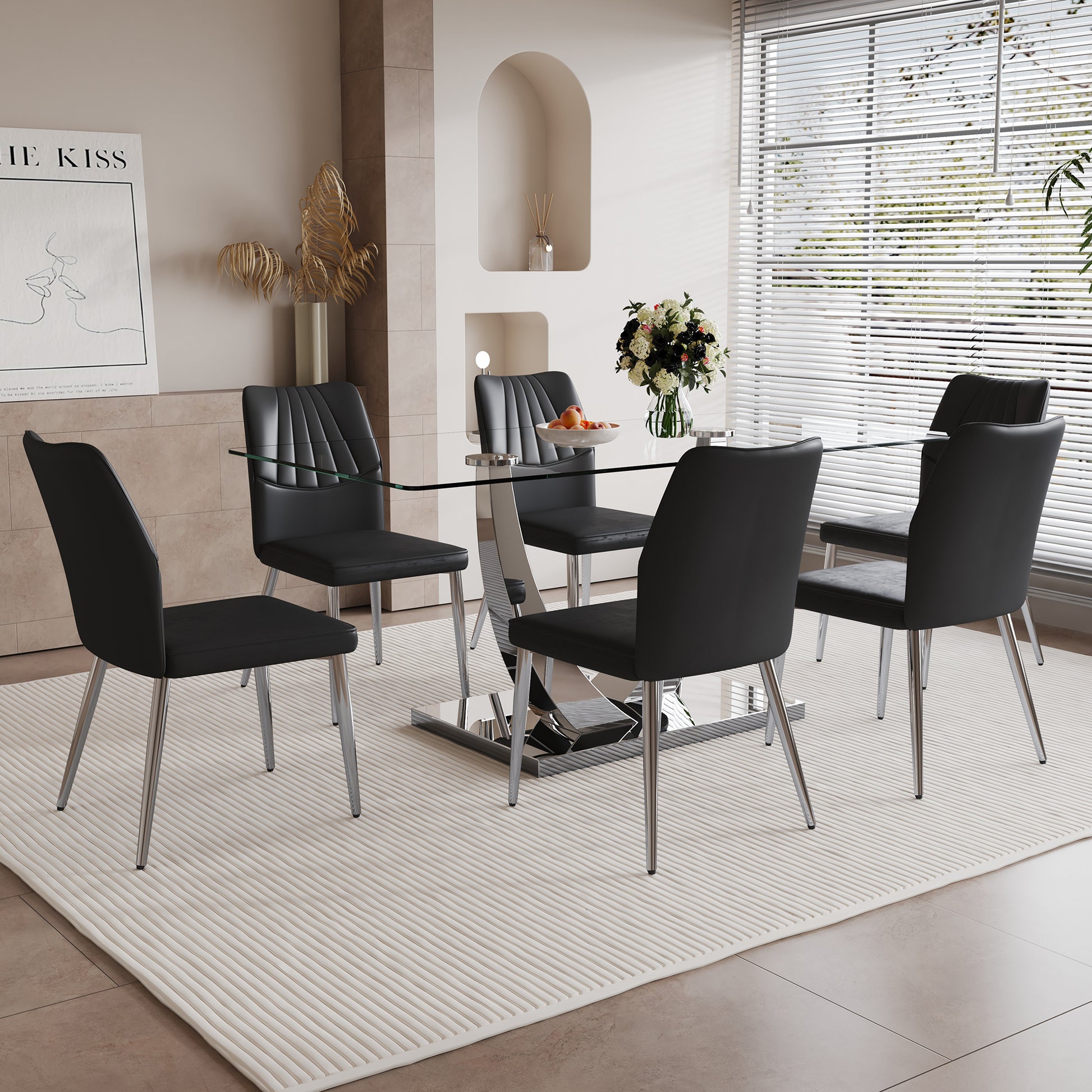 Table And Chair Set.Contemporary, Minimalist Rectangular Dining Table Featuring A Clear Tempered Glass Top And Sleek Silver Legs. Paried With Chairs Made Of Pu Material Cushion And Silver Metal Legs. Black Seats 6 Glass Metal