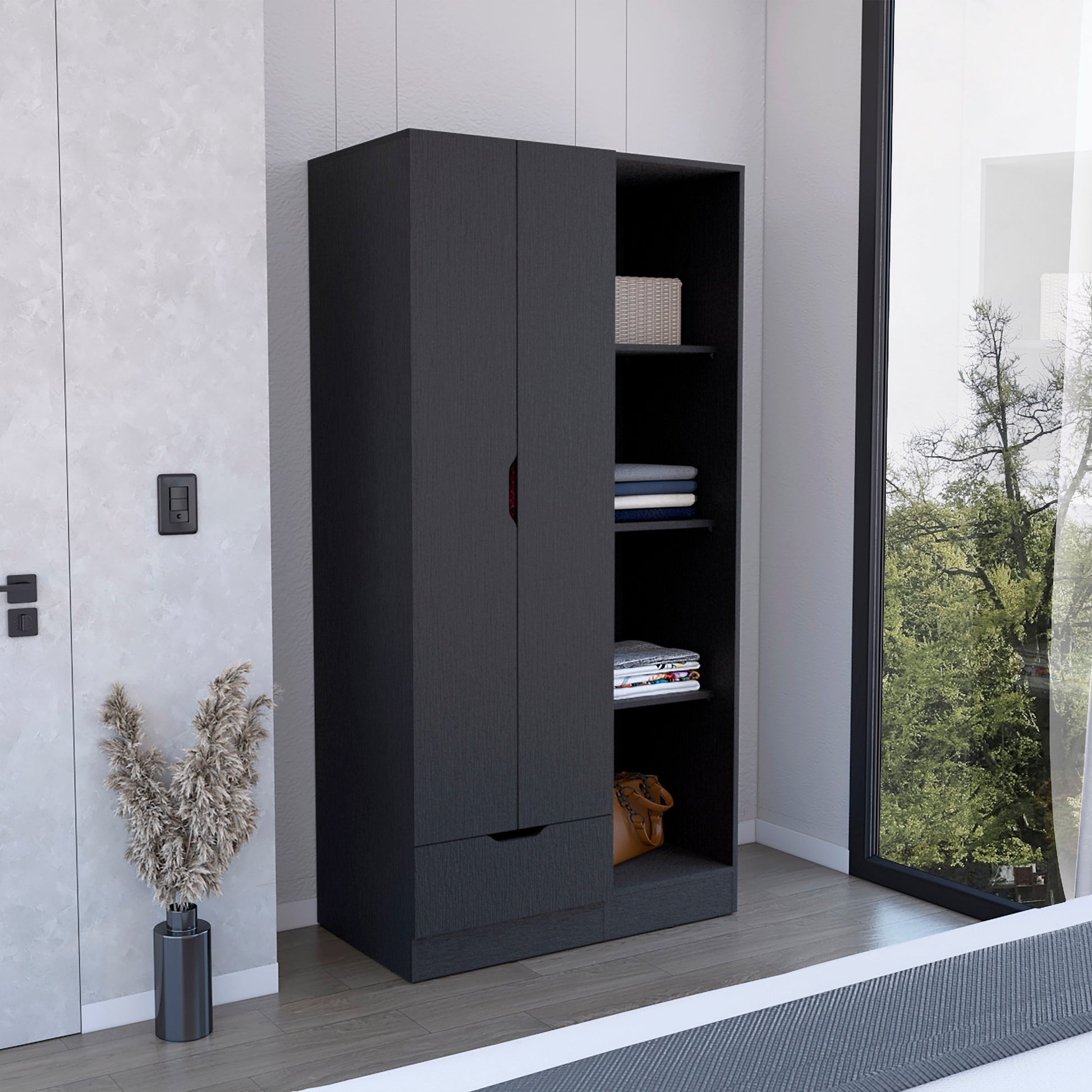 Memphis Wardrobe Armoire With 4 Tier Storage Shelves And 1 Drawer Black Black Bedroom Particle Board