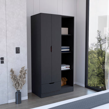 Memphis Wardrobe Armoire With 4 Tier Storage Shelves And 1 Drawer Black Black Bedroom Particle Board