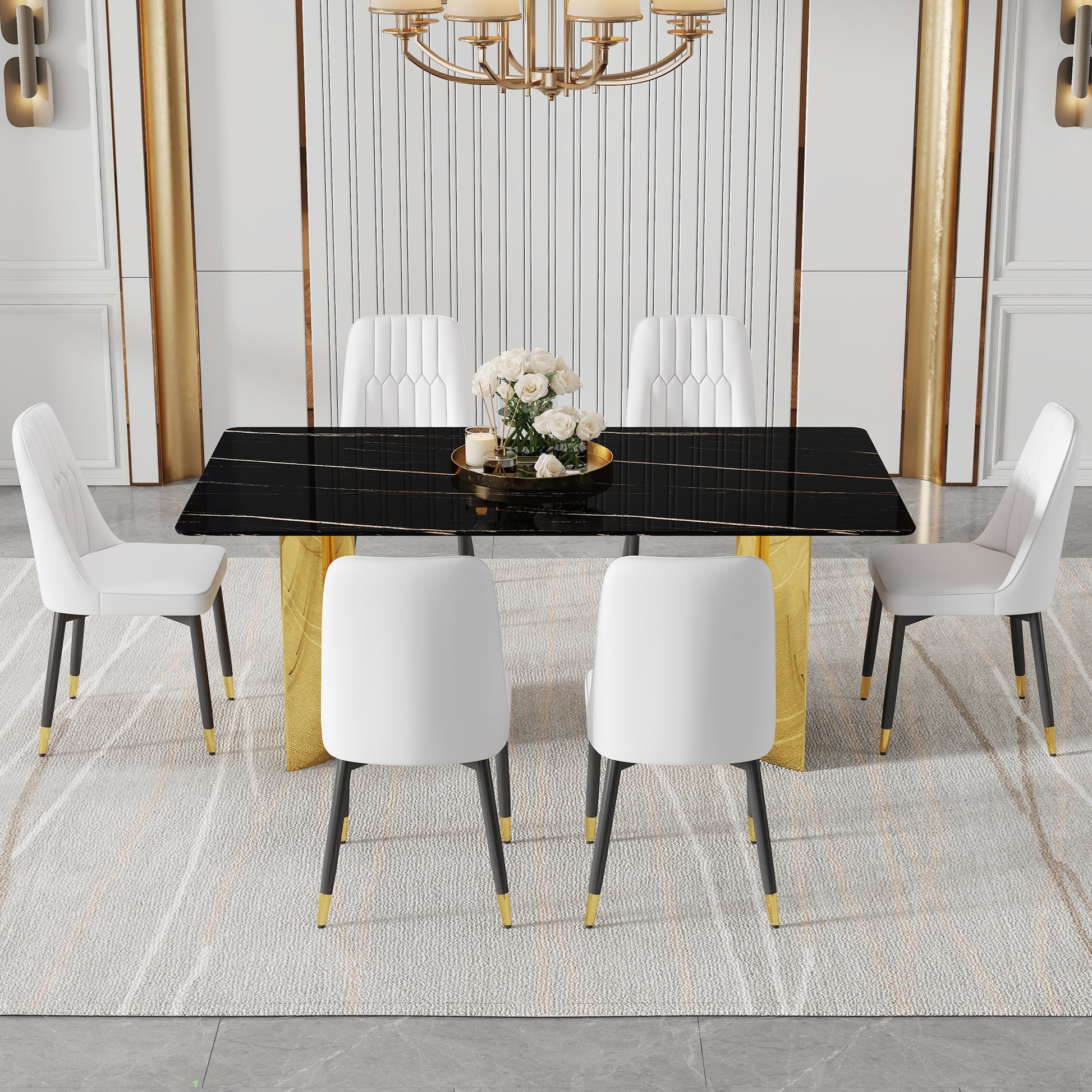 Table And Chair Set.The Table Has A Glass Top With Imitation Marble Pattern Stickers And Stainless Steel Golden Legs. Paried With Chairs With Pu Artificial Leather Backrest Cushions And Black Legs. Black Gold Seats 6 Glass Metal