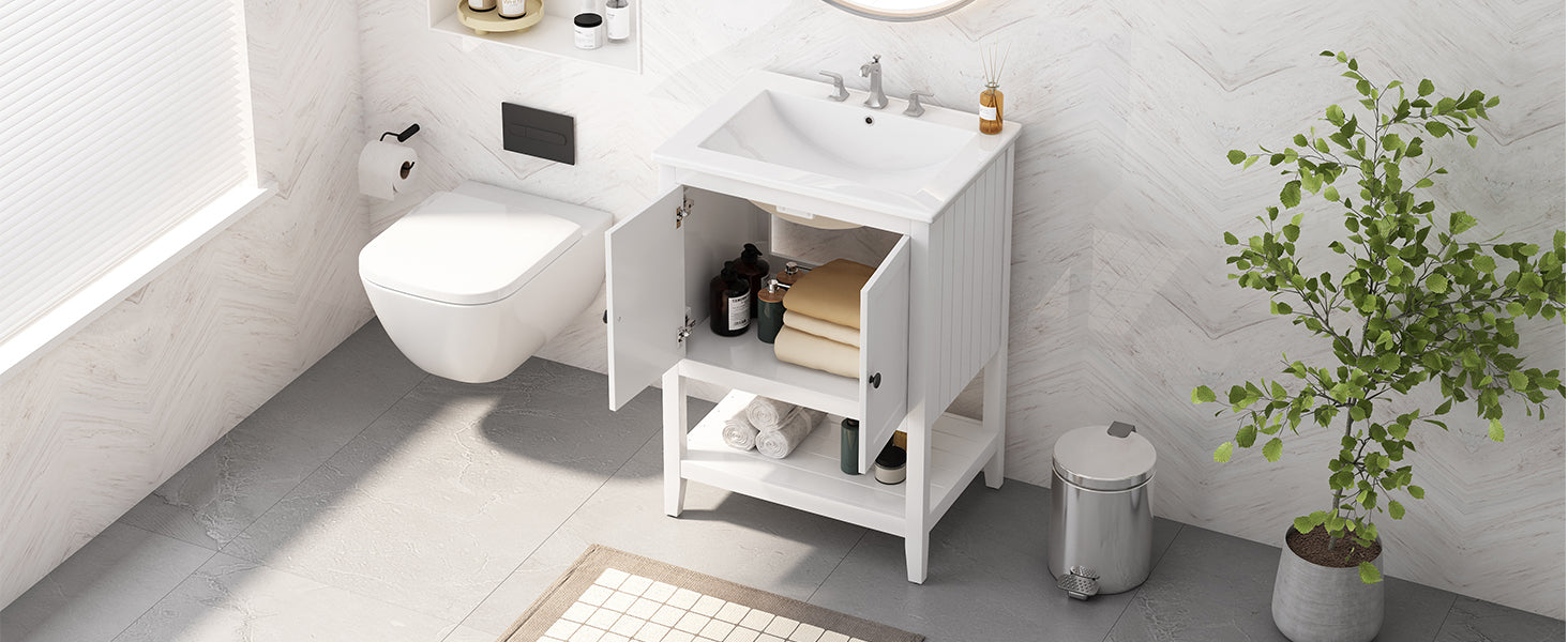 24" White Modern Sleek Bathroom Vanity Elegant Ceramic Sink With Solid Wood Frame Open Style Shelf White Solid Wood