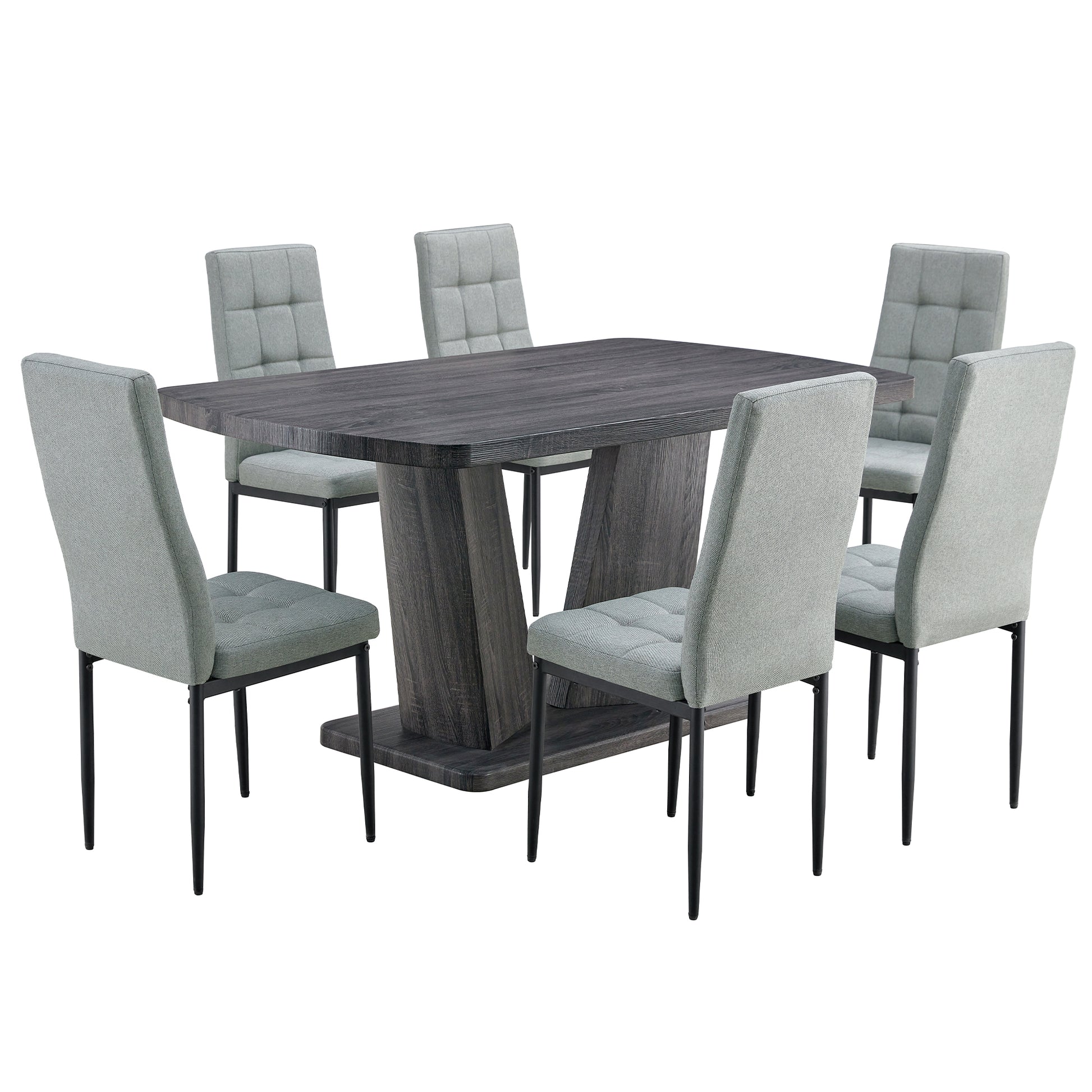 Dining Table Set For 6, 7 Piece Kitchen Table Chairs Set, 1.8" Thickness Tabletop And V Shaped Table Legs, Modern Dining Room Set With 63 Inch Dinner Table And 6 Upholstered Chairs For Dining Room Metal Gray Dining Room Classic,Mid Century Modern,Modern