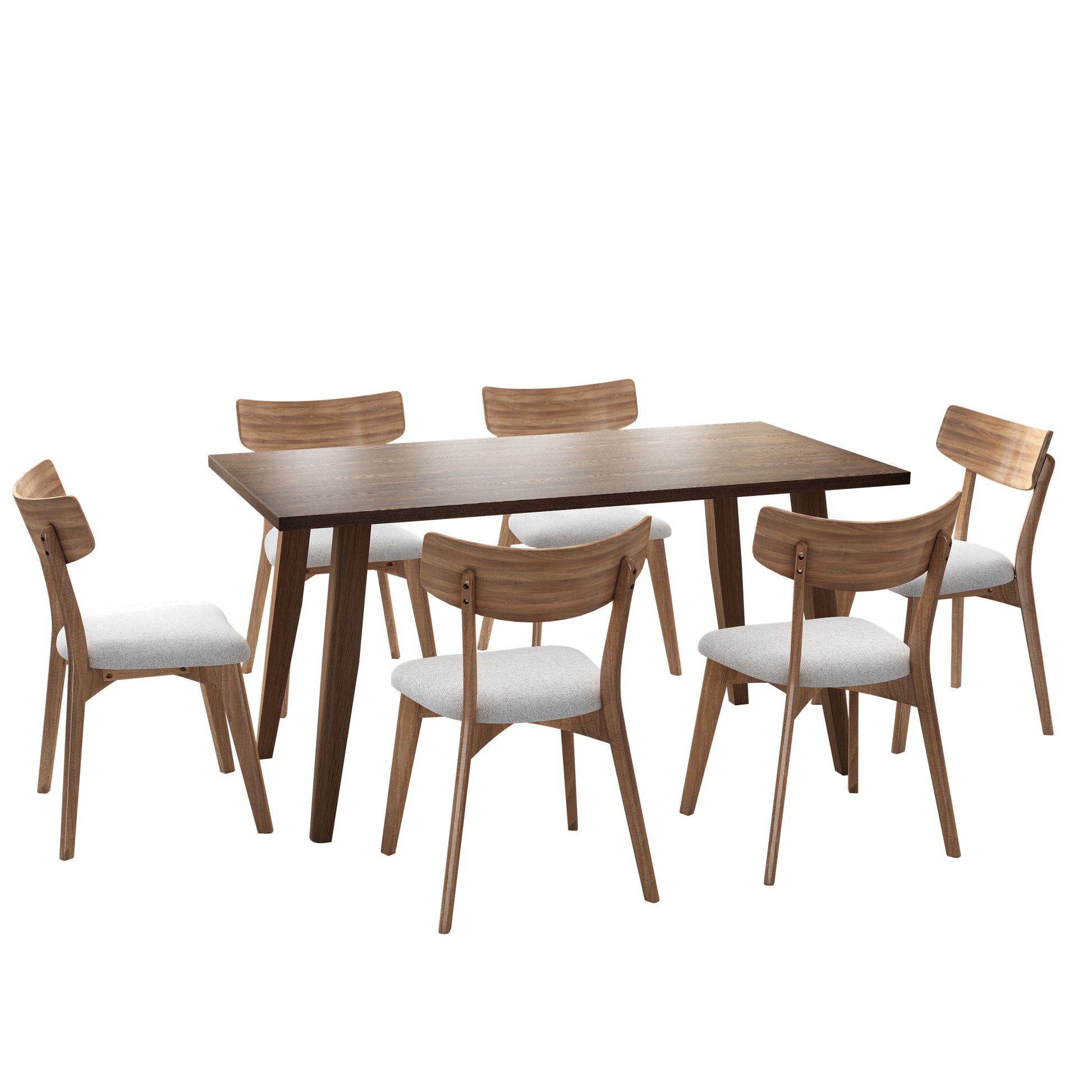 7 Piece Dining Set,Mid Century Walnut Finished Frame Upholstered Dining Chairs Set Of 6 Light Beige Wood Dining Table Brown Brown,Light Beige Fabric,Rubber Wood