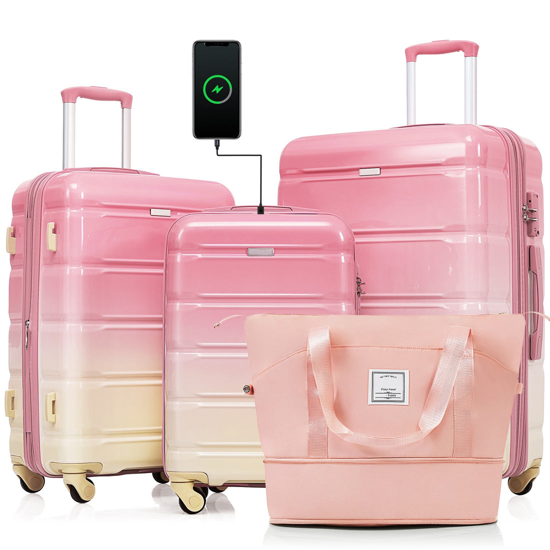 Luggage Sets 4 Piece, 20 Inch With Usb Port, Expandable Abs Durable Suitcase With Travel Bag, Cup Holder, Abs Pc Hard Shell Luggage With Spinner Wheels, Gradient Pink Pink Abs Pc