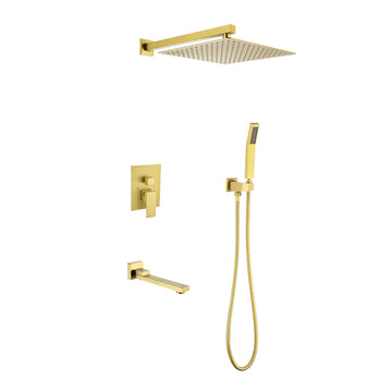 Wall Mounted Shower System Combo With Hand Shower, 16 Inch Shower Head And Tub Spout Brushed Gold Brass