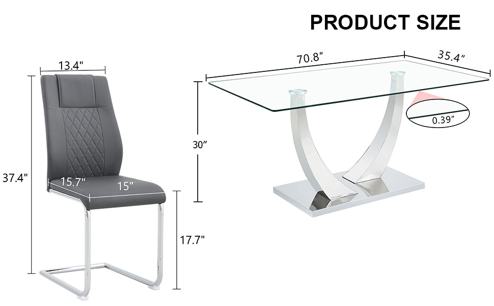 Table And Chair Set.Contemporary, Minimalist Rectangular Dining Table Featuring A Clear Tempered Glass Top And Sleek Silver Legs. Paried With Chairs Made Of Pu Material Cushion And Silver Metal Legs. Gray Seats 6 Glass Metal