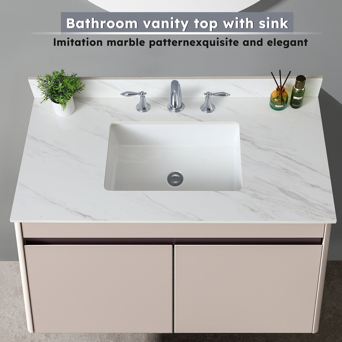 43 Inch Marble Vanity Top, White Vanity Top With Pre Drilled Faucet Holes, Bathroom Vanity Top With Undermount Rectangular Middle Sink And 4" Height Backsplash, Bianco Carrara Venato White Bathroom Sintered Stone