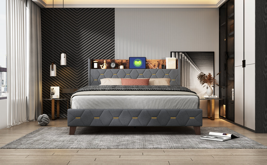 Gray Full Bed With Elegant Gold Metal Buttons, Built In Usb Ports, Phone Storage Pocket, And Spacious Headboard Shelving Sturdy Frame Supports Up To 300 Lbs,Mattress Not Included Box Spring Not Required Full Aqua Grey Abs
