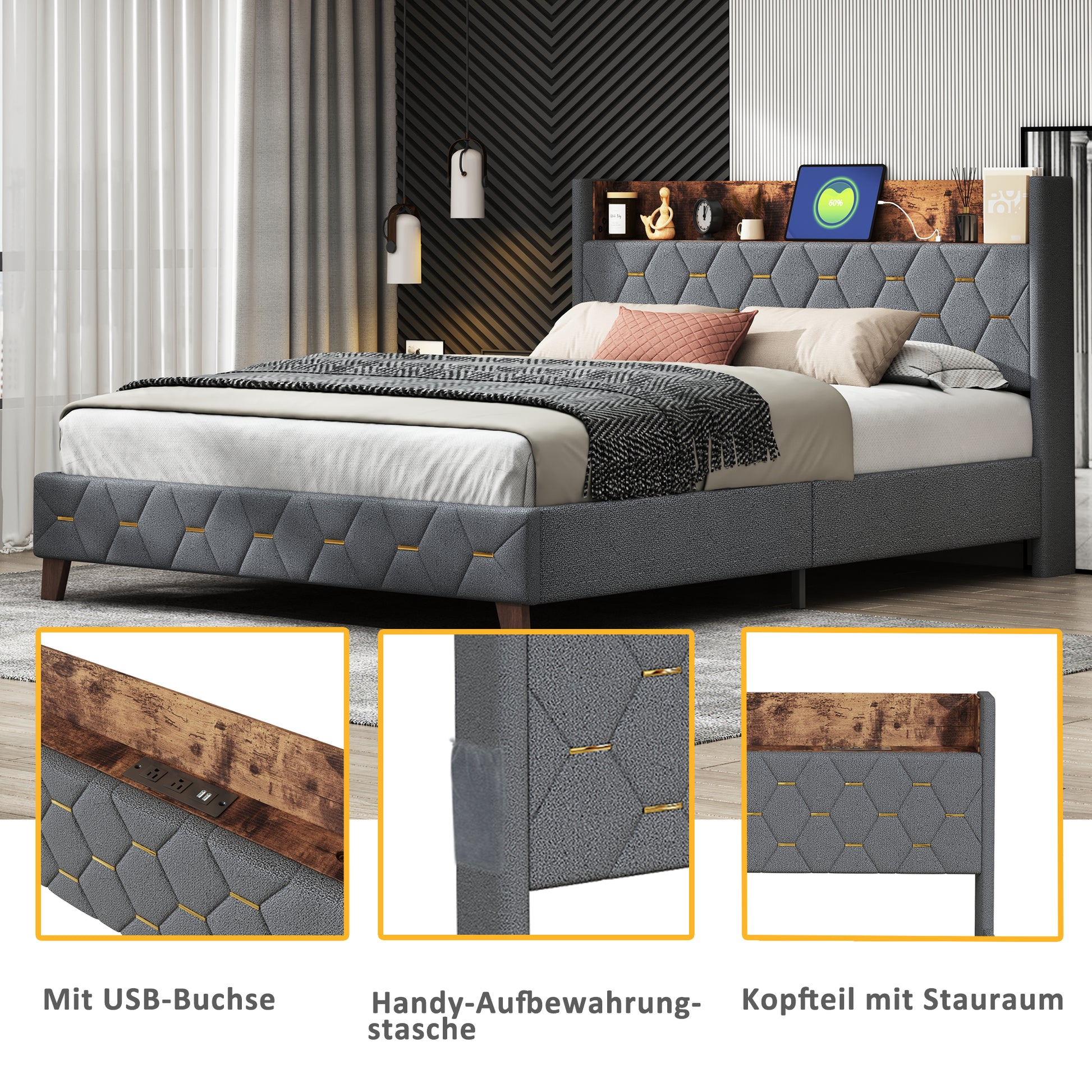 Queen Bed With Elegant Gold Metal Buttons, Built In Usb Ports, Phone Storage Pocket, And Spacious Headboard Shelving Sturdy Frame Supports Up To 300 Lbs,Mattress Not Included Queen Aqua Grey Abs