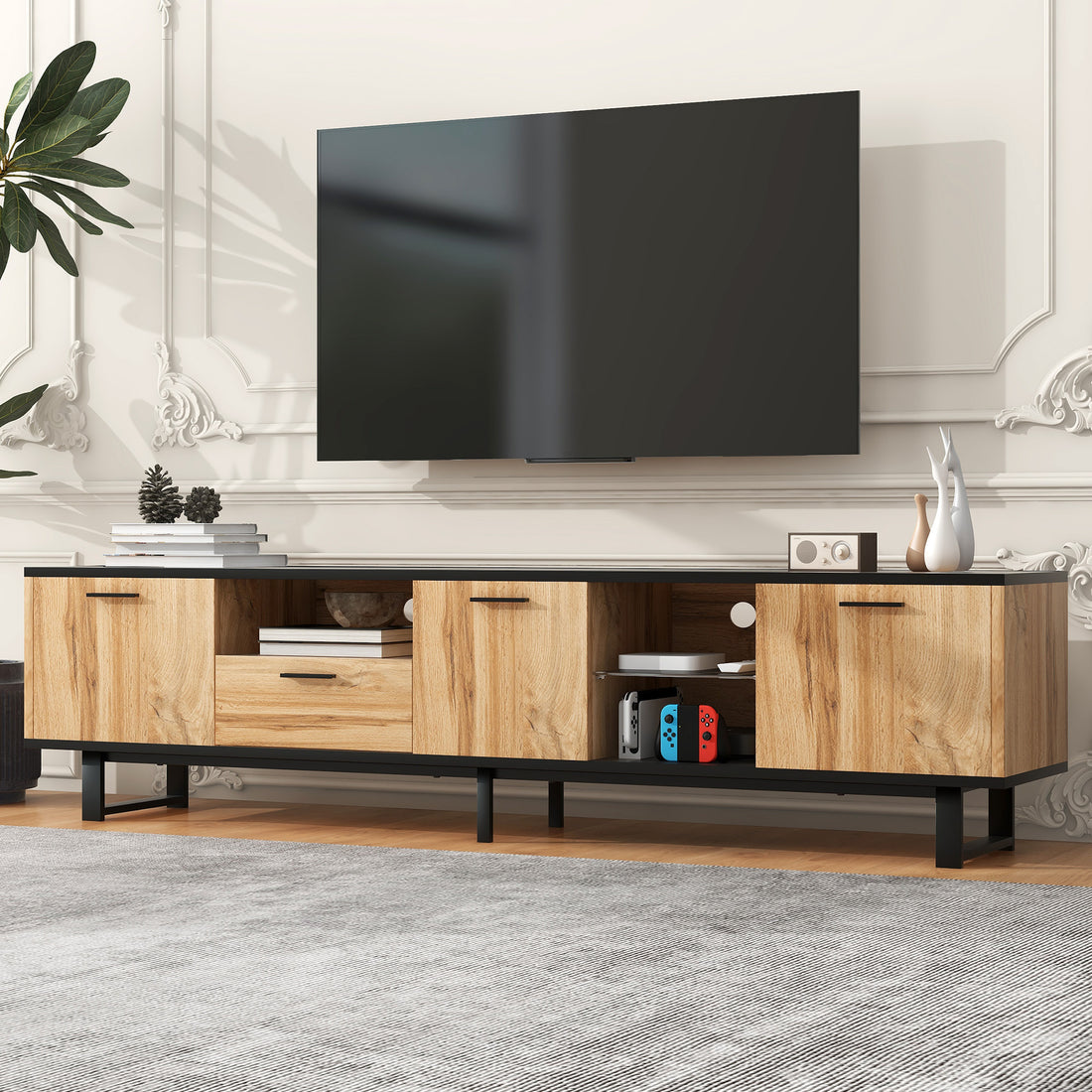 Modern Tv Stand With 4 Cabinets& Open Shelves, Color Matching Media Console Table For Tvs Up To 80'', Entertainment Center With Drop Down Door For Living Room, Bedroom, Home Theatre Wood Brown Primary Living Space 70 79 Inches 70 79 Inches Modern 65