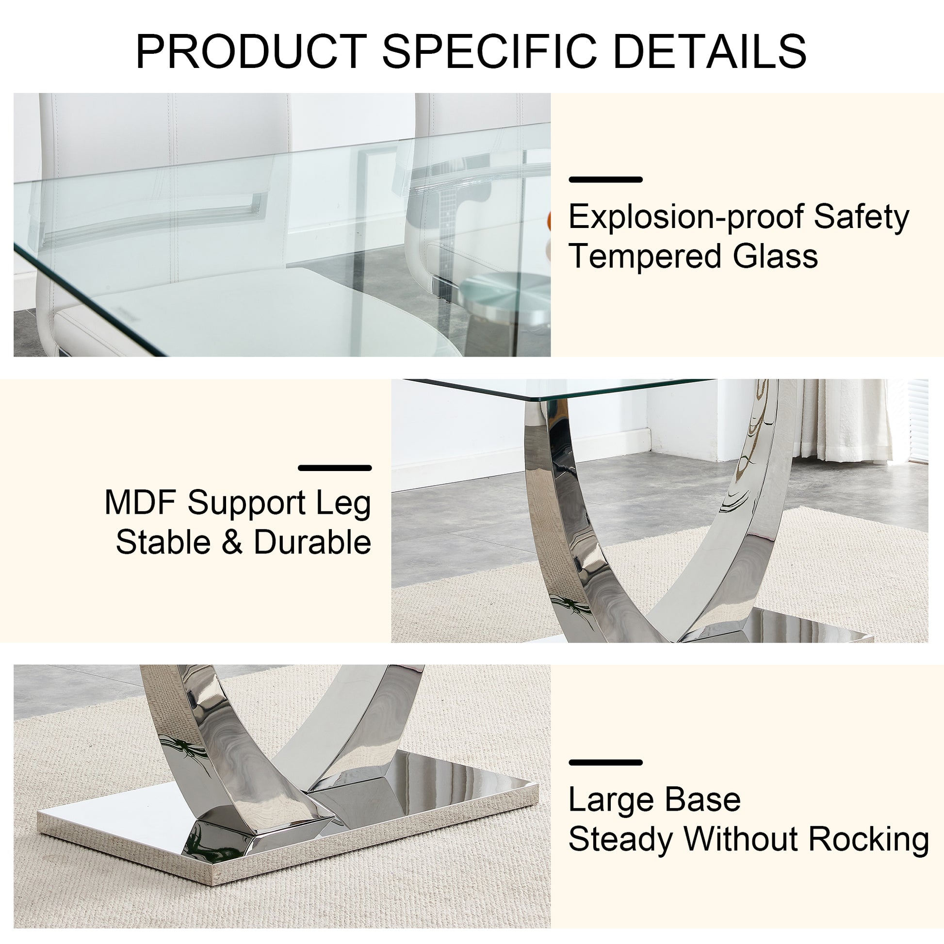 Table And Chair Set.Contemporary, Minimalist Rectangular Dining Table Featuring A Clear Tempered Glass Top And Sleek Silver Legs. Paried With Chairs Made Of Pu Material Cushion And Silver Metal Legs. Light Gray Seats 6 Glass Metal