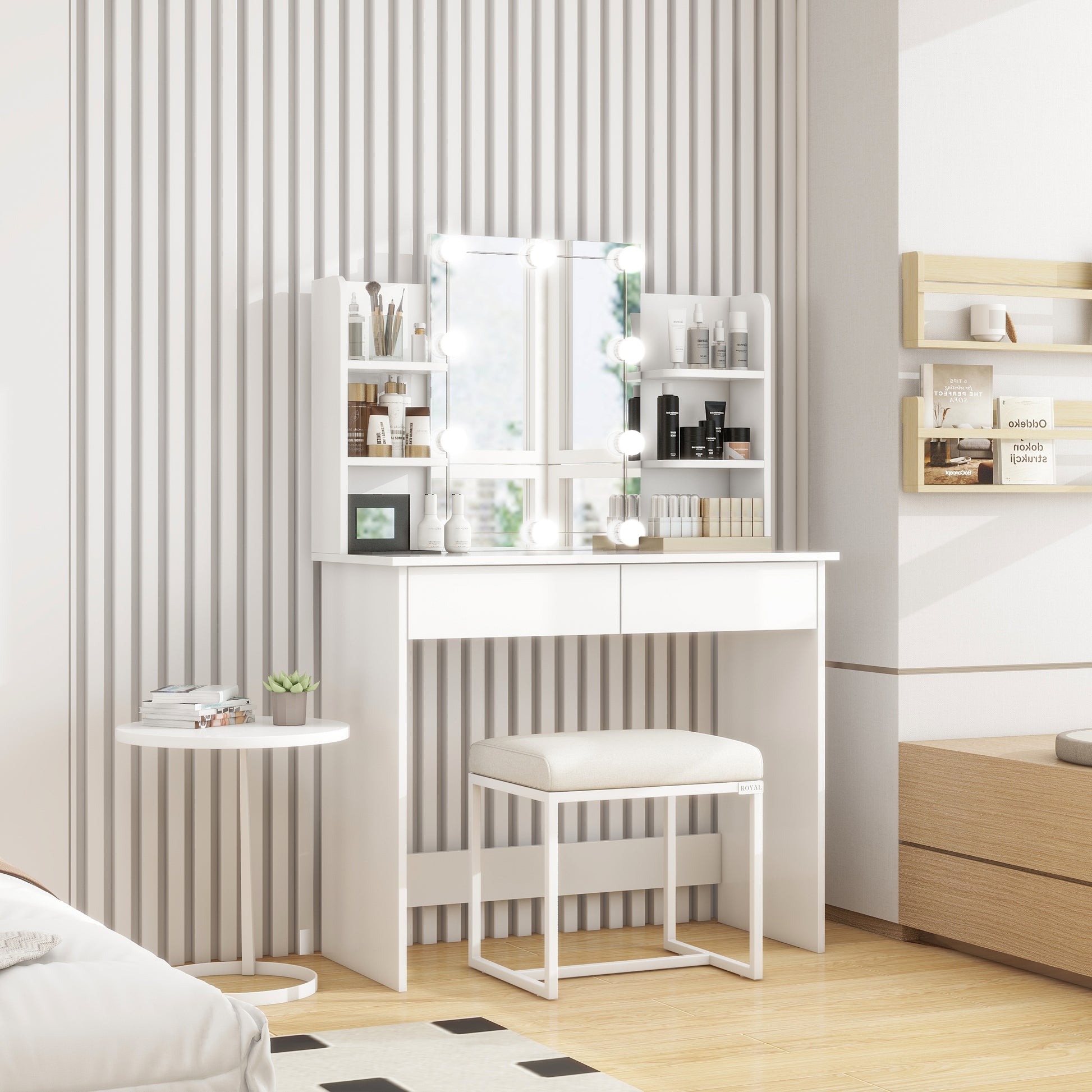 Makeup Vanity Desk With Led Lighted Mirror ,Dressing Table Set With 2 Large Drawers 10 Led Light ,White Color White Primary Living Space Modern Particle Board