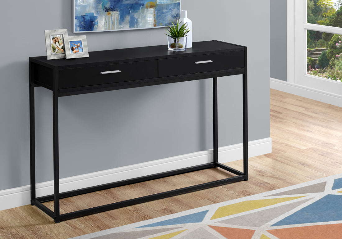 Accent Table, Console, Entryway, Narrow, Sofa, Storage Drawer, Living Room, Bedroom, Black Laminate, Black Metal, Contemporary, Modern Black Mdf