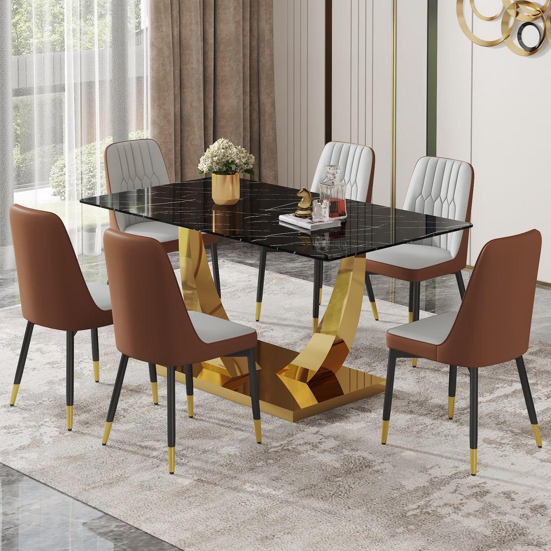 Table And Chair Set.Modern Rectangular Dining Table With Black Textured Stickers Glass Tabletop And Gold Plated Metal Legs.Paried With 6 Comfortable Chairs With Pu Seats And Black Metal Legs. Black Gold,Brown,Light Gray Seats 6 Glass Metal
