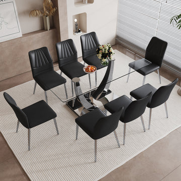 Table And Chair Set.Contemporary, Minimalist Rectangular Dining Table Featuring A Clear Tempered Glass Top And Sleek Silver Legs. Paried With Chairs Made Of Pu Material Cushion And Silver Metal Legs. Black Seats 8 Glass Metal