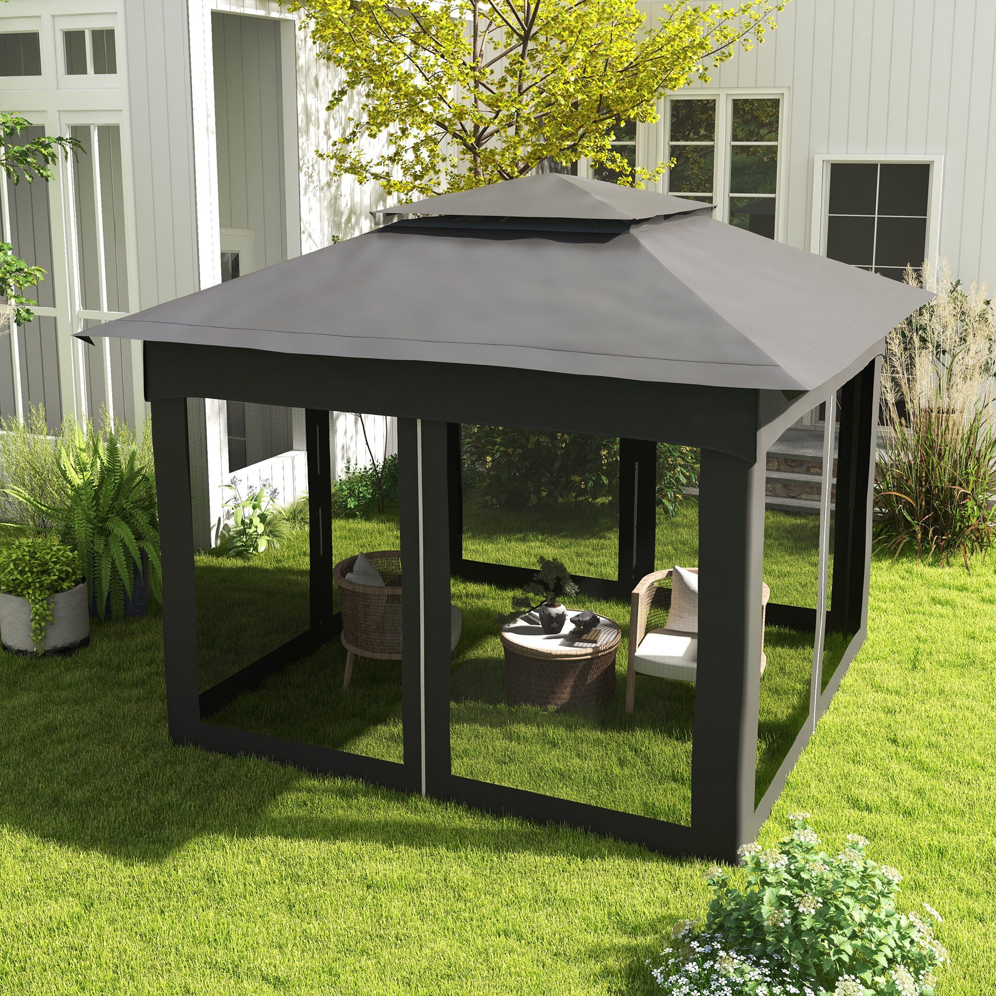 Outsunny 11' X 11' Pop Up Canopy, Outdoor Patio Gazebo Shelter With Removable Zipper Netting, Instant Event Tent W 114 Square Feet Of Shade And Carry Bag For Backyard, Garden, Dark Gray Dark Grey Polyester