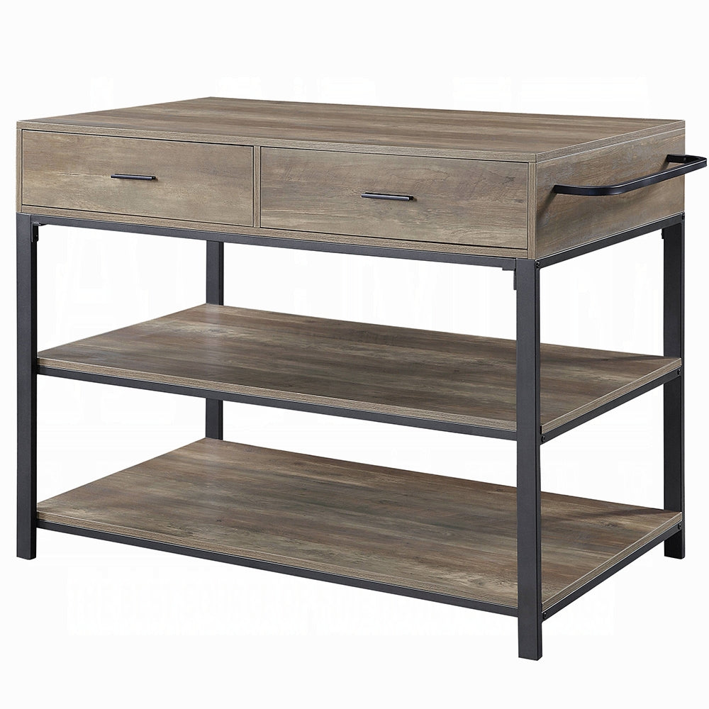 Rustic Oak And Black 2 Drawer Kitchen Island With Shelf Rustic Dining Room Rectangular Stationary Kitchen Islands Wood Metal Medium 40 55In