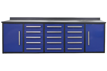 10Ft Storage Cabinet With Work Bench 15 Drawers & 2 Cabinets Blue Steel