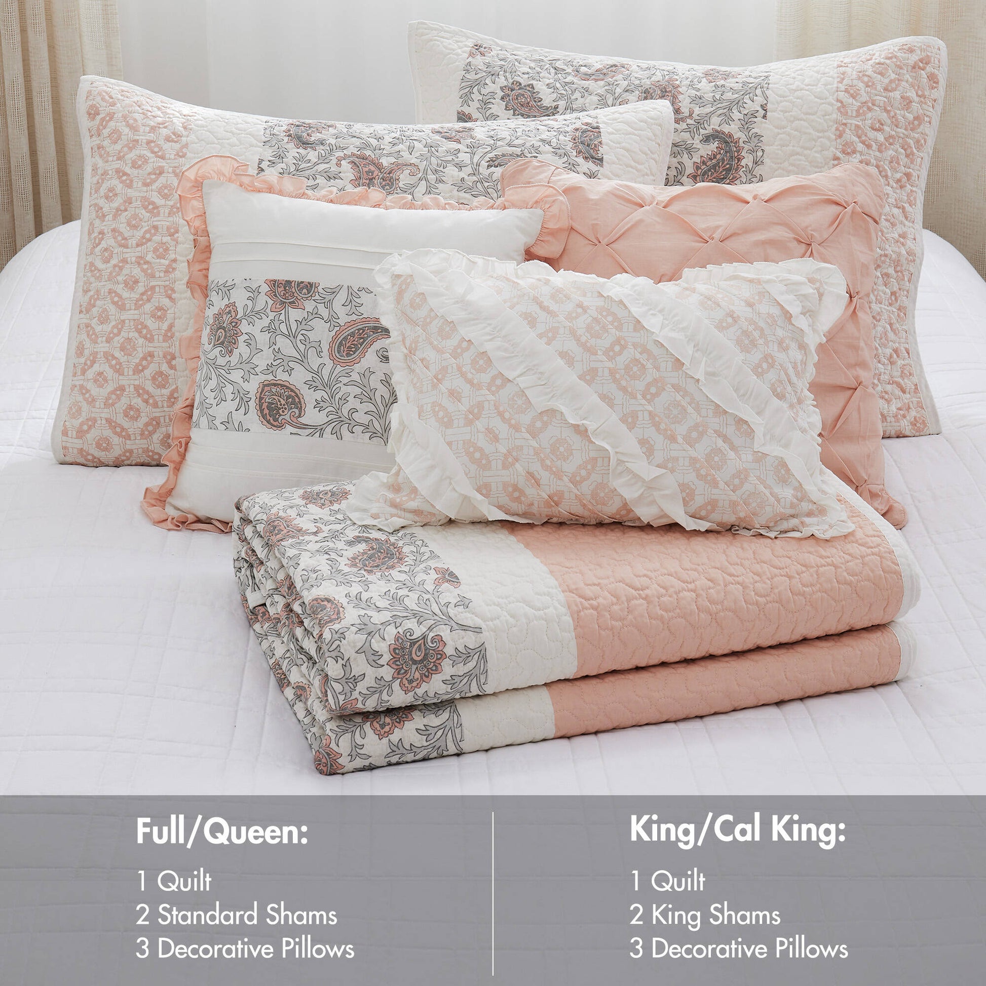 6 Piece Cotton Percale Quilt Set With Throw Pillows Blush King Cal King King Blush Polyester