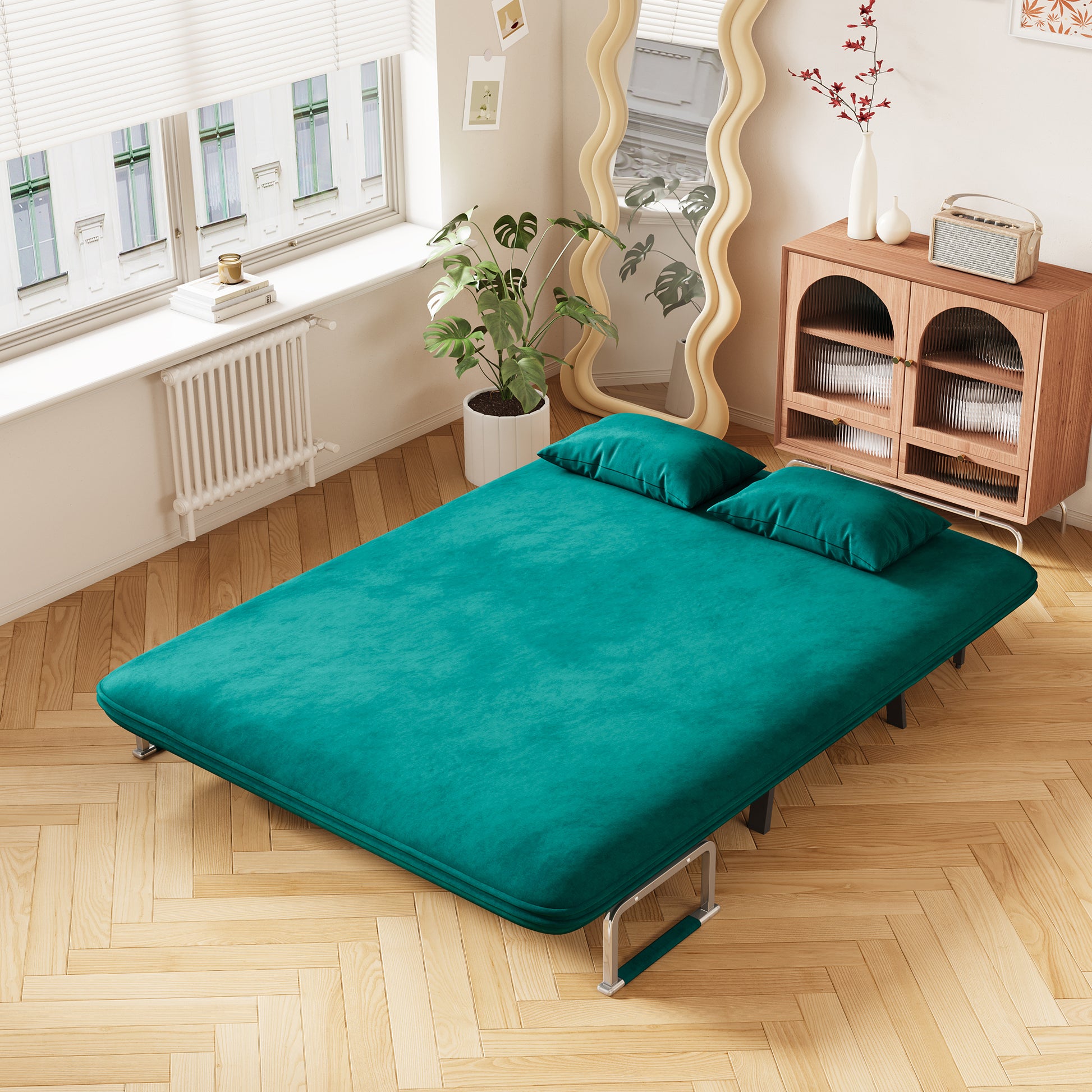 Velvet Antique Green 55 Convertible Chair Bed, Tri Fold Sofa Bed With Adjustable Backrest & Pillow, Leisure Chaise Lounge Couch With Sturdy Steel Frame For Home & Office, Comfortable Sleeper Chair Antique Green Velvet Metal Primary Living Space Medium