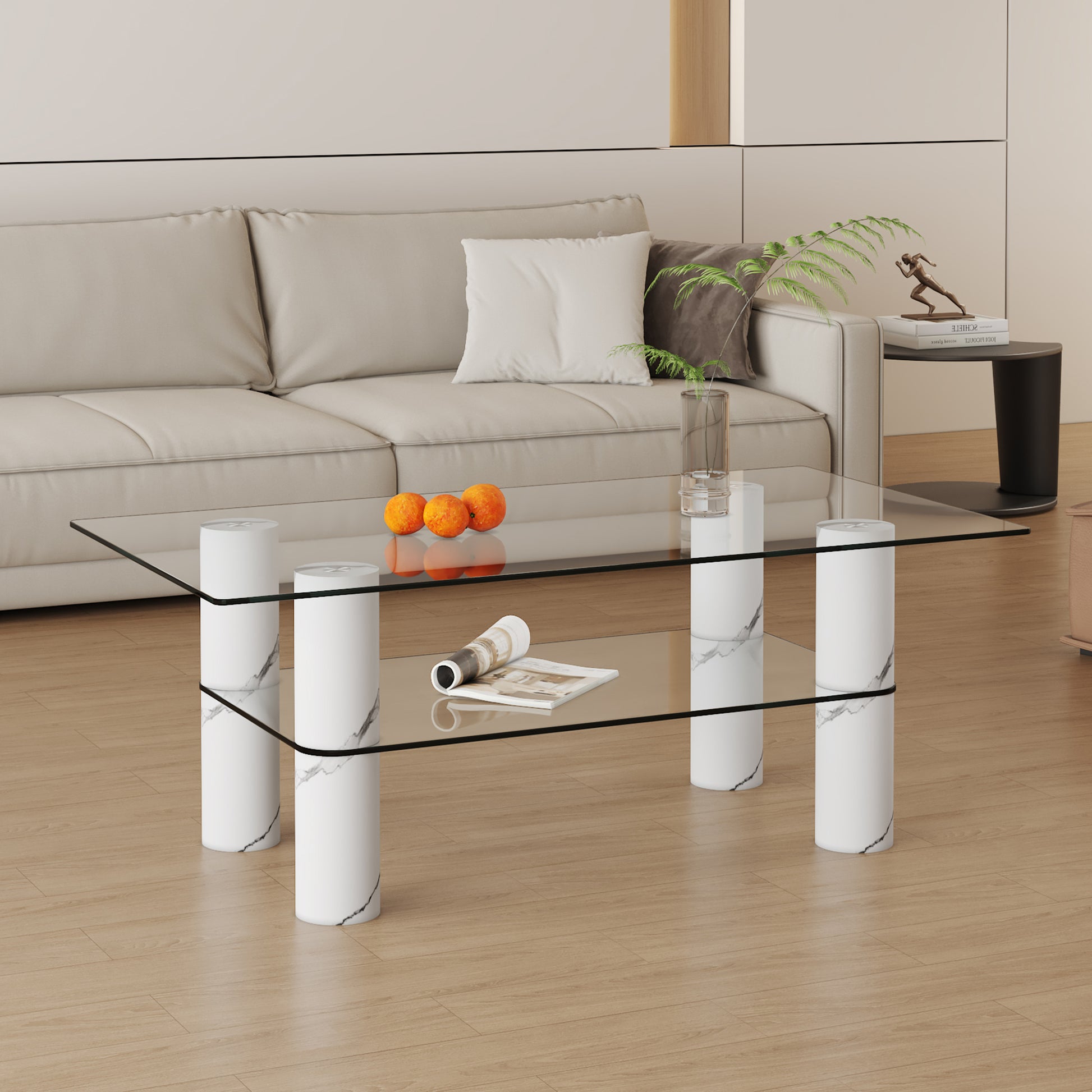 Modern Minimalist Double Layered Transparent Tempered Glass Coffee Table And Coffee Table, Paired With White Mdf Decorative Columns. Computer Desk. Game Table. Ct X02 Transparent Glass