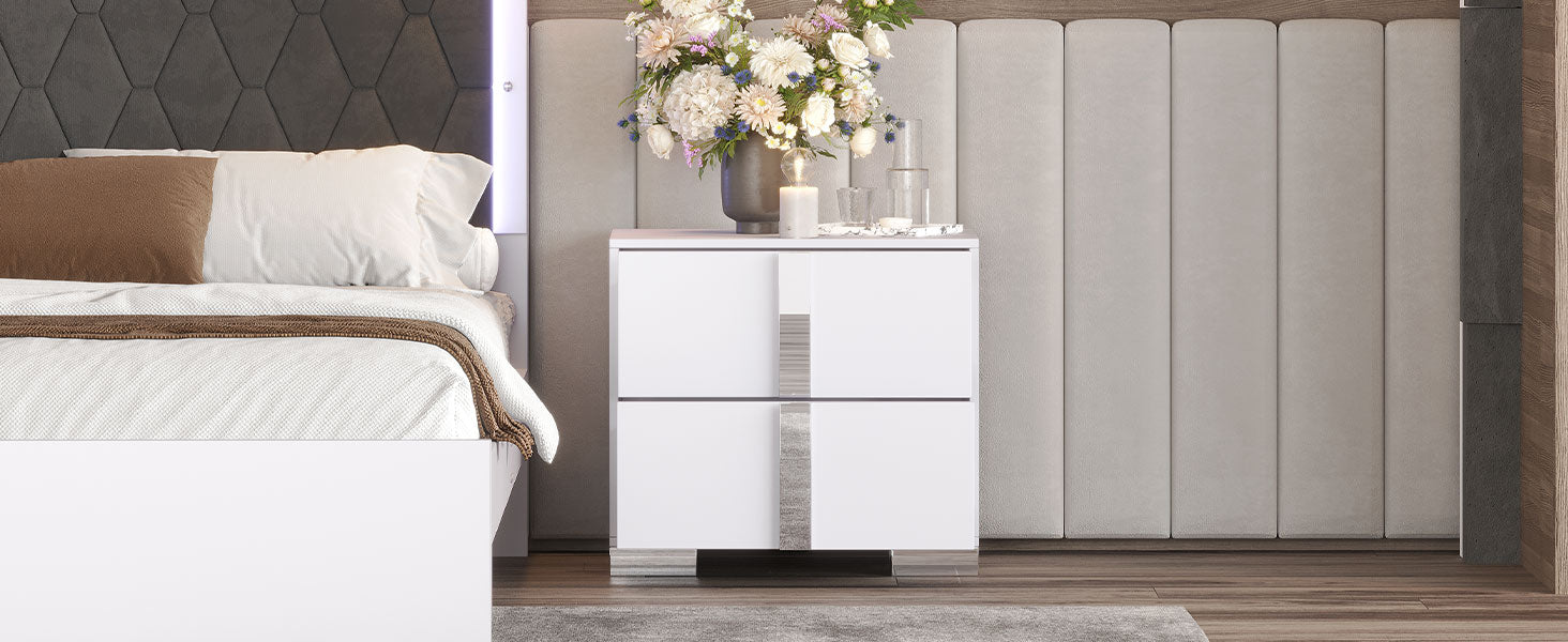 Elegant Nightstand With Metal Handle,Mirrored Bedside Table With 2 Drawers For Bedroom,Living Room,White White 2 Drawers Mdf Metal