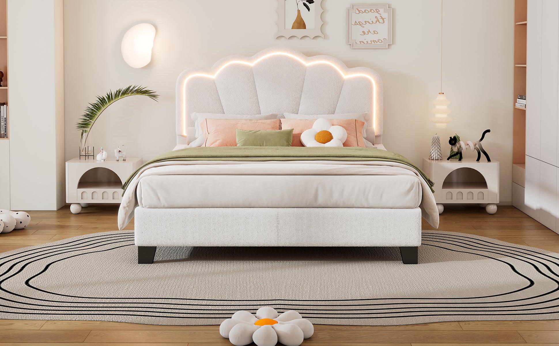 Full Size Upholstered Flower Shape Bed, Elegant Flowers Headboard With Led Light Strip, Sherpa Fabric Platform Bed With Wooden Slats Support, White Full White Wood