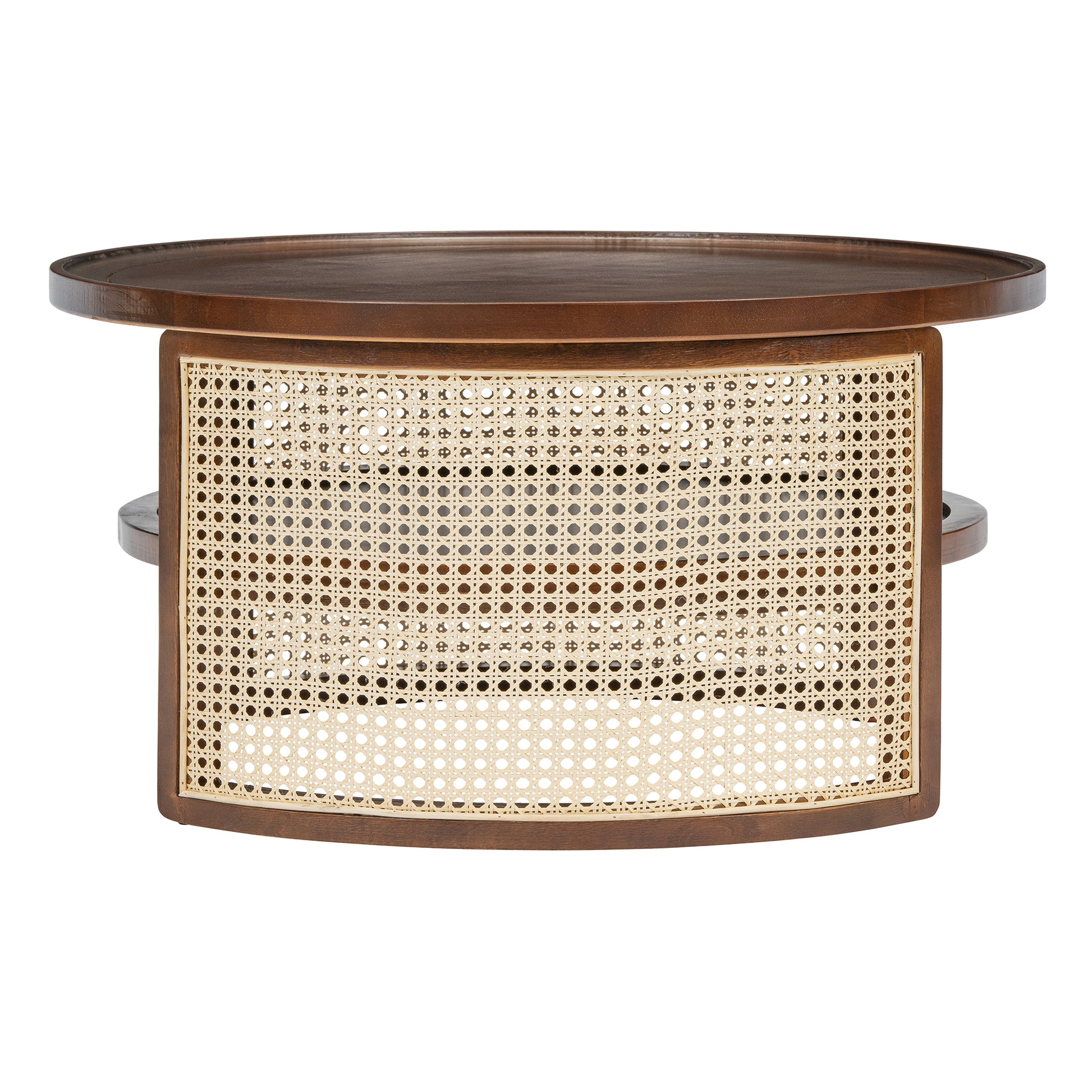 2 Tiered Round Walnut Wood Coffee Table With Storage Rattan Base In 31.3'' Walnut Rubber Wood