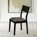 Riera 17 Inch Dining Chair, Gray Faux Leather Seat, Angled Backrest, Black Black Grey Wood Fabric