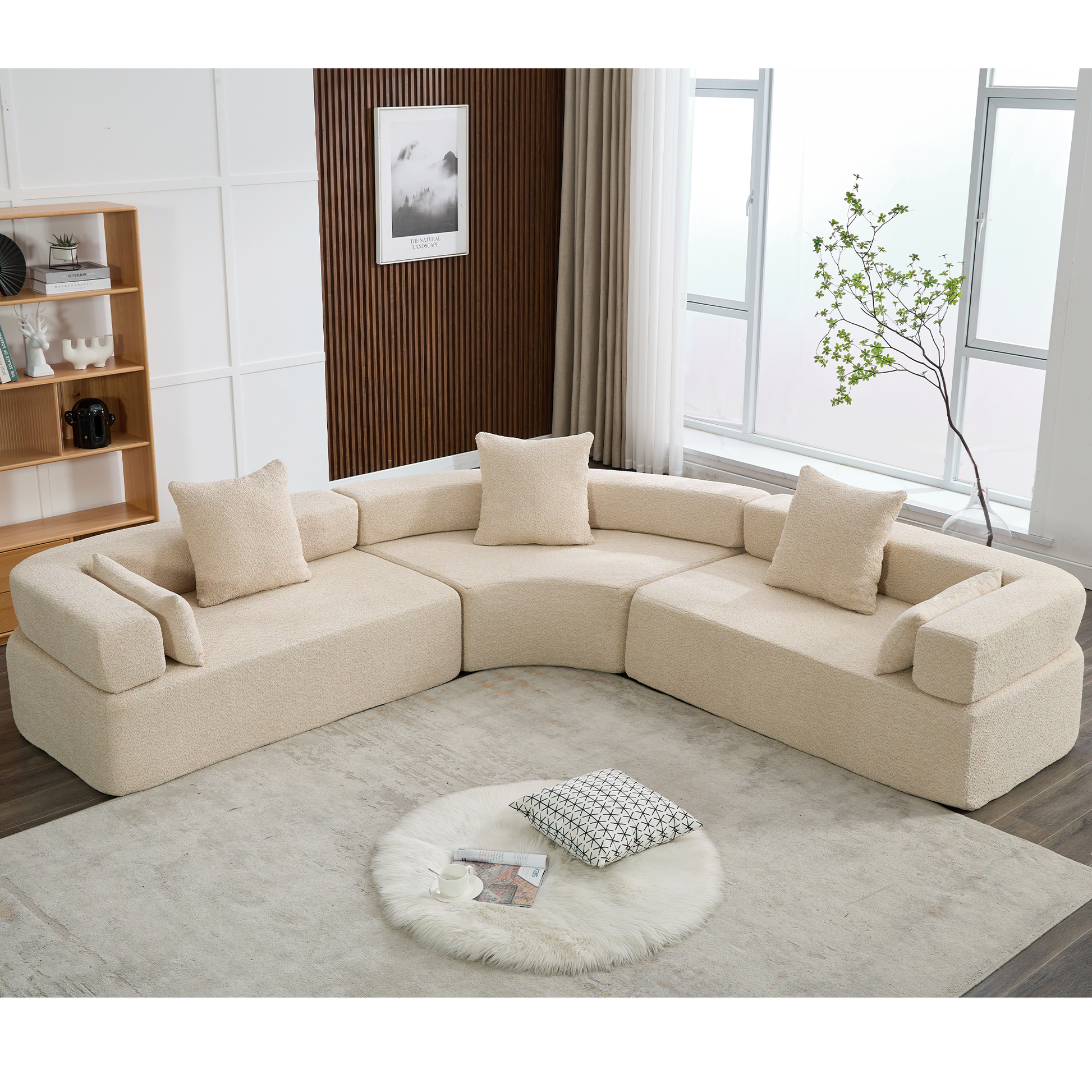 Arrived Oversized Combination Sofa,Curved Sofa,Upholstered 4 Seater Couch For Living Room, Modern Modular 3 Piece Free Combination, Semicircular Modular Sofaboucle, Khaki Khaki Polyester Primary Living Space Soft Tight Back Modern Square Arms Foam