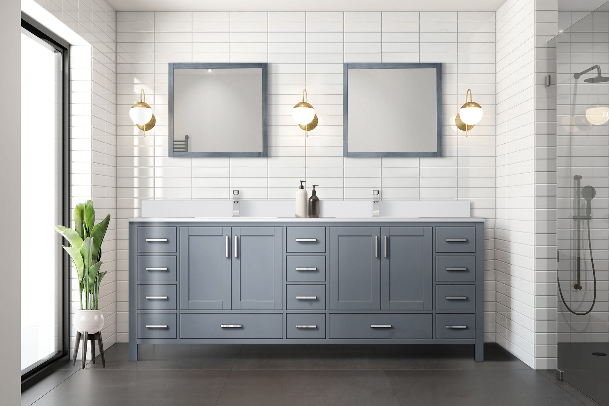 Dark Grey Double Bath Vanity 84 In. W X 22 In. D, White Quartz Top, And Faucet Set Dark Grey Plywood Wood