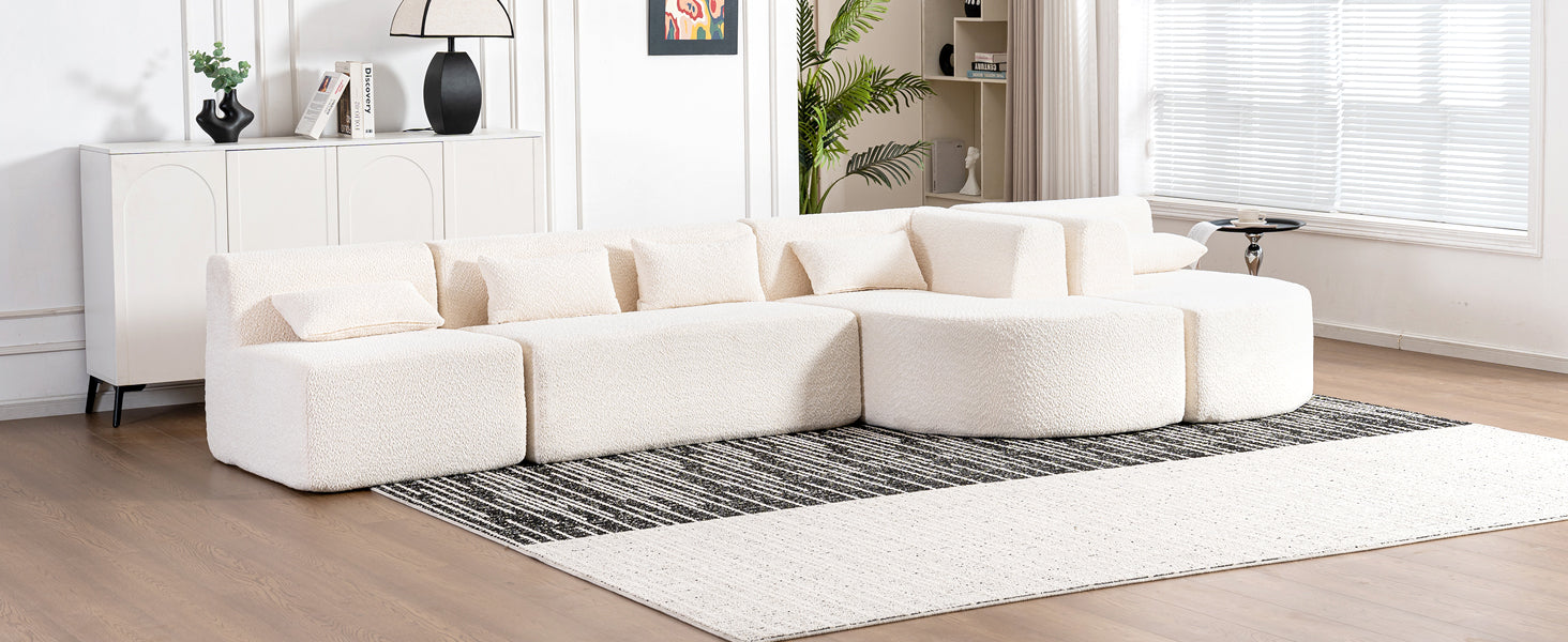 143.7" Upholstered Sofa Free Combined Sofa Couch With Two Chaise Lounge And Five Back Pillows For Living Room, Beige Beige Foam Polyester 5 Seat