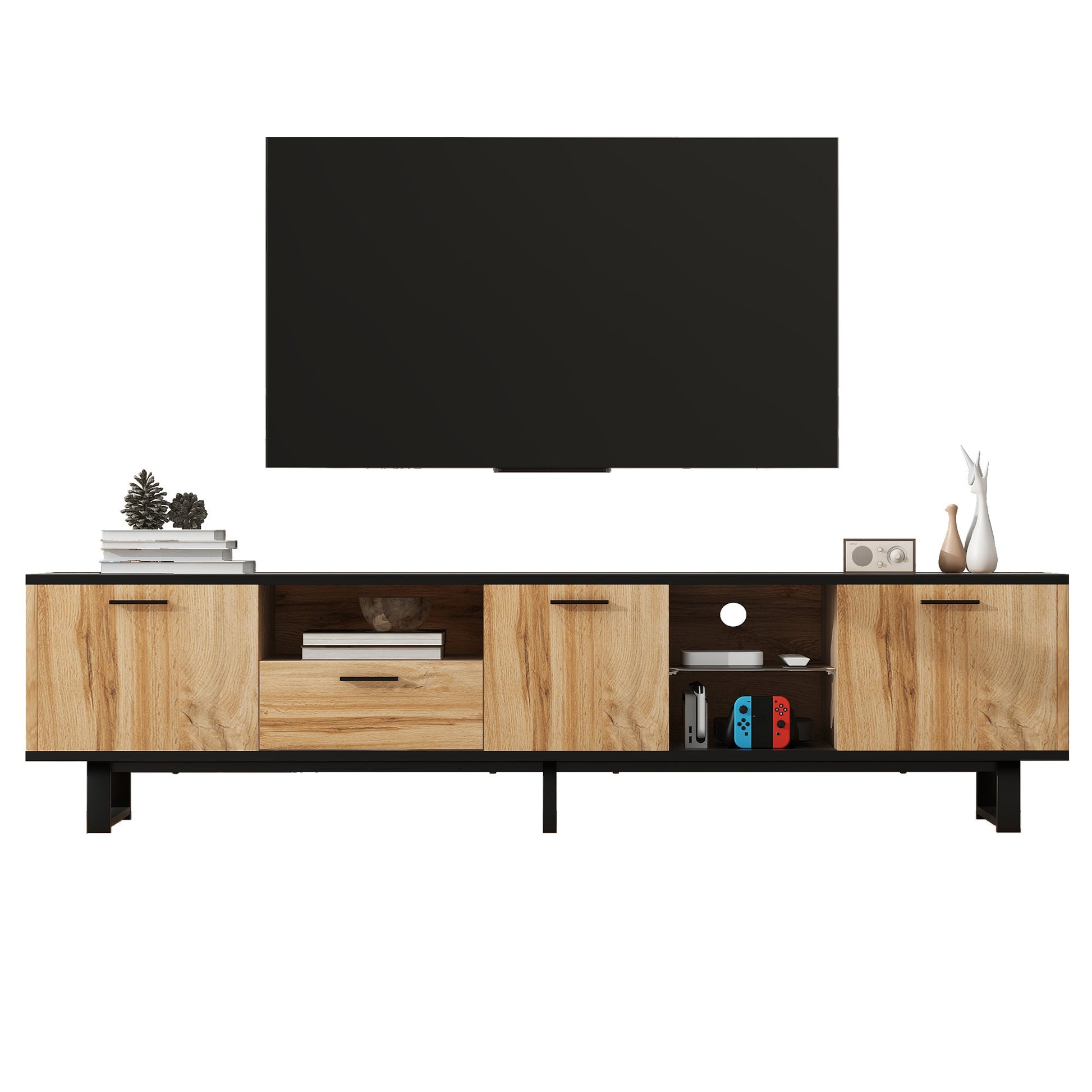 Modern Tv Stand With 4 Cabinets& Open Shelves, Color Matching Media Console Table For Tvs Up To 80'', Entertainment Center With Drop Down Door For Living Room, Bedroom, Home Theatre Wood Brown Primary Living Space 70 79 Inches 70 79 Inches Modern 65