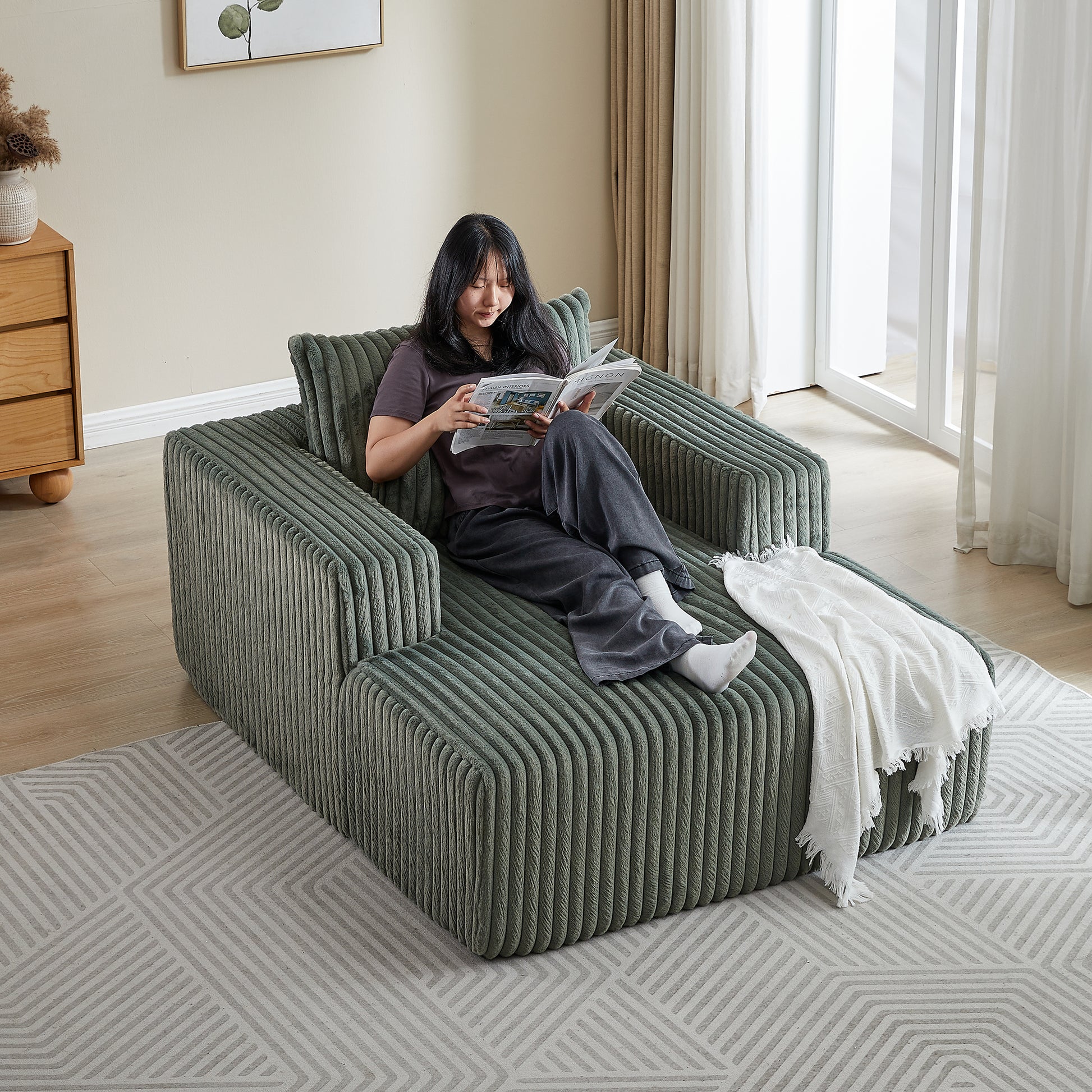 62.5 Inch Corduroy Sponge Sofa Lounge Chair,No Assembly Required,Fluffy Modern Sleeper Chair For Indoor Living Room Bedroom Army Green Foam Corduroy 1 Seat