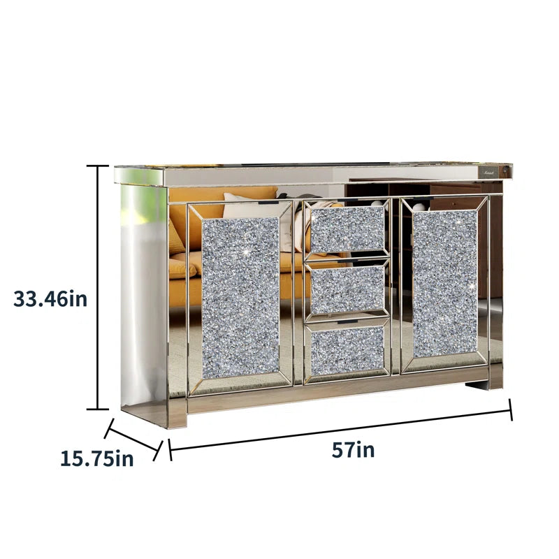 57" Wide 3 Drawer Mirrored Glass Sideboard Silver Kitchen Luxury,Modern Cabinets Included Mdf Glass,Mirror