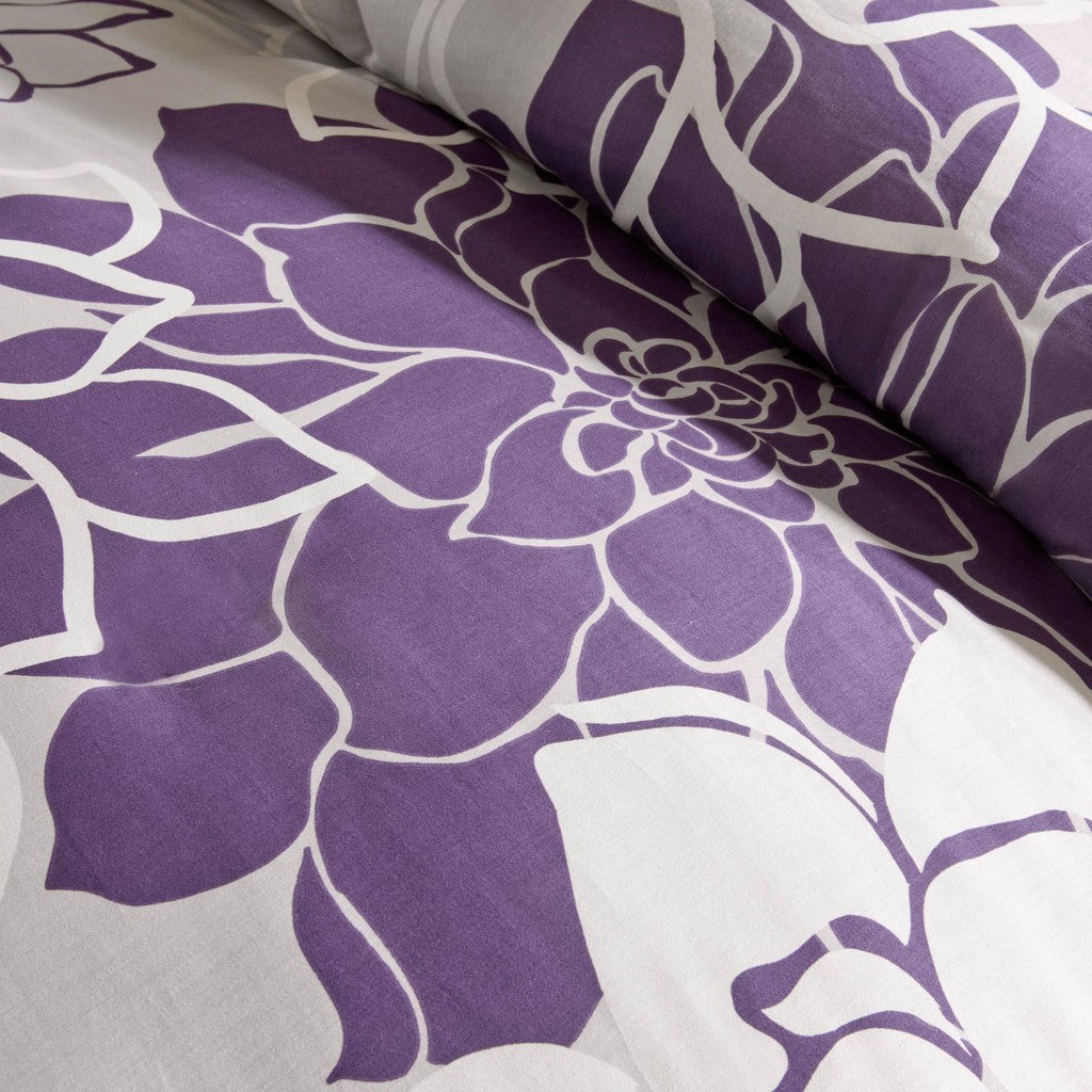 Printed Cotton Sateen Comforter Set Taupe Grey Purple Queen Queen Purple Cotton