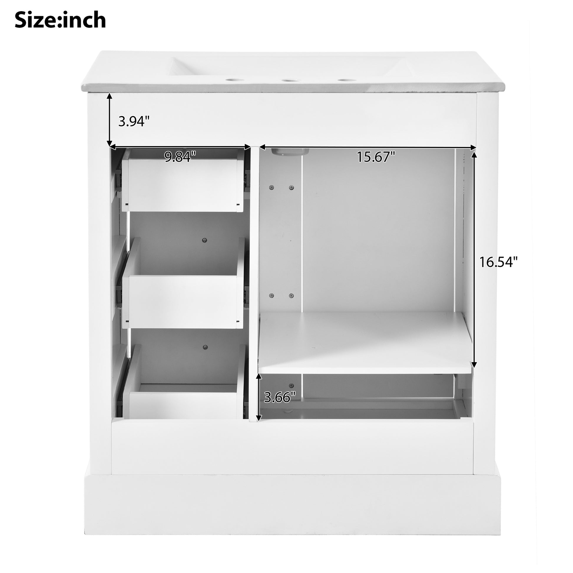 30 Inch Bathroom Vanity Cabinet With Ceramic Basin, 3 Drawers And Adjustable Shelves White Bathroom Solid Wood Mdf