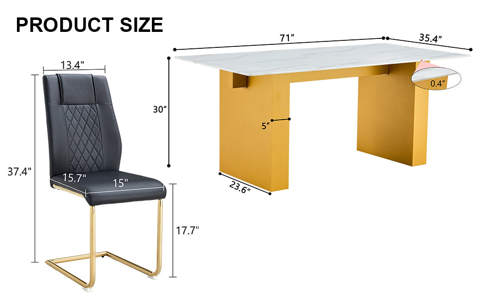 Table And Chair Set.Large Modern Rectangular Table With 0.4 Inch Patterned Glass Tabletop And Large Mdf Table Legs.Comes With 8 Chairs With Faux Leather Cushioned Seats And Golden Metal Legs. Gold White Seats 8 Mdf Glass