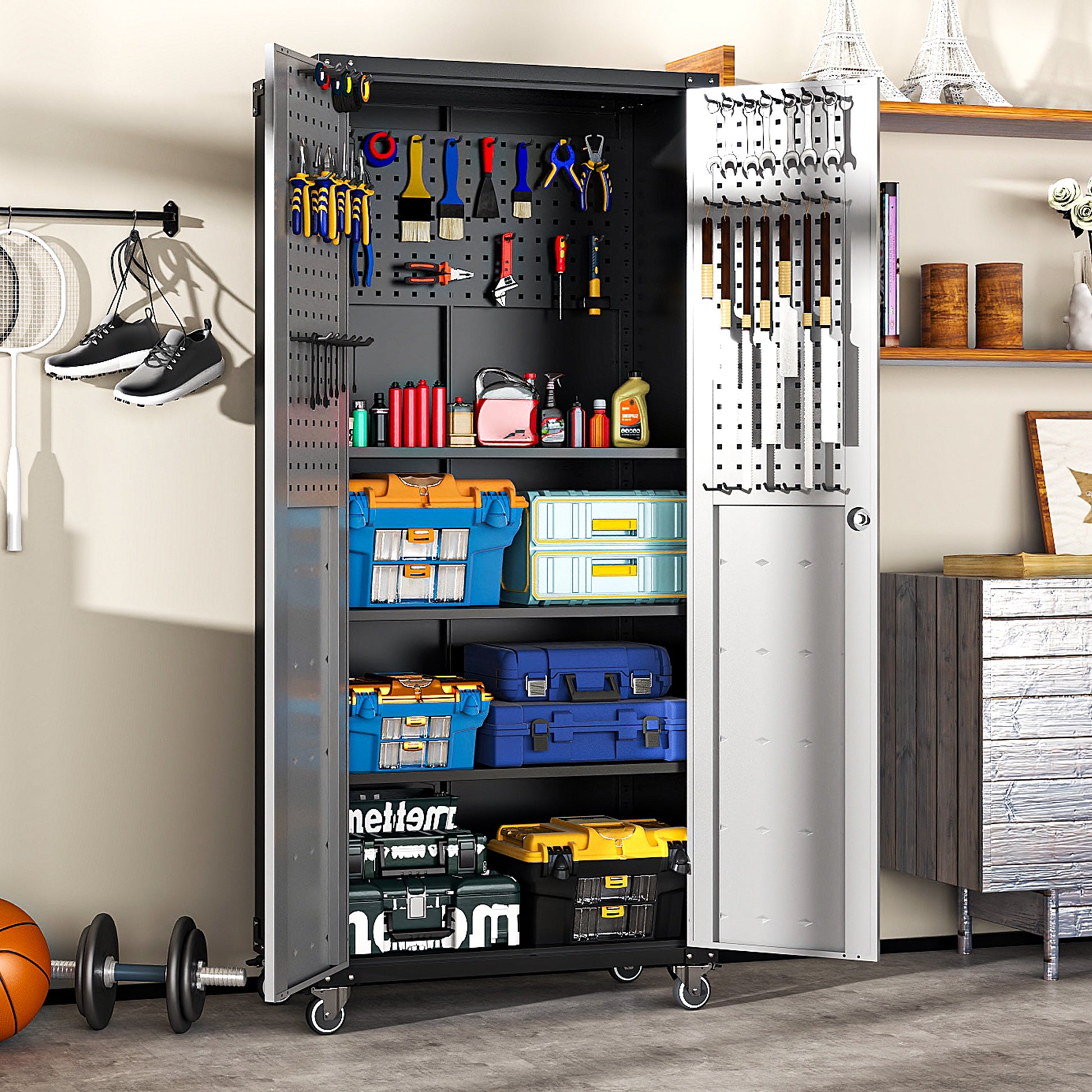 71" Metal Garage Storage Cabinet With Wheels Heavy Duty Tool Storage Cabinet For Home, Office, School, And Garage Organization, Black Gray Black Gray Steel