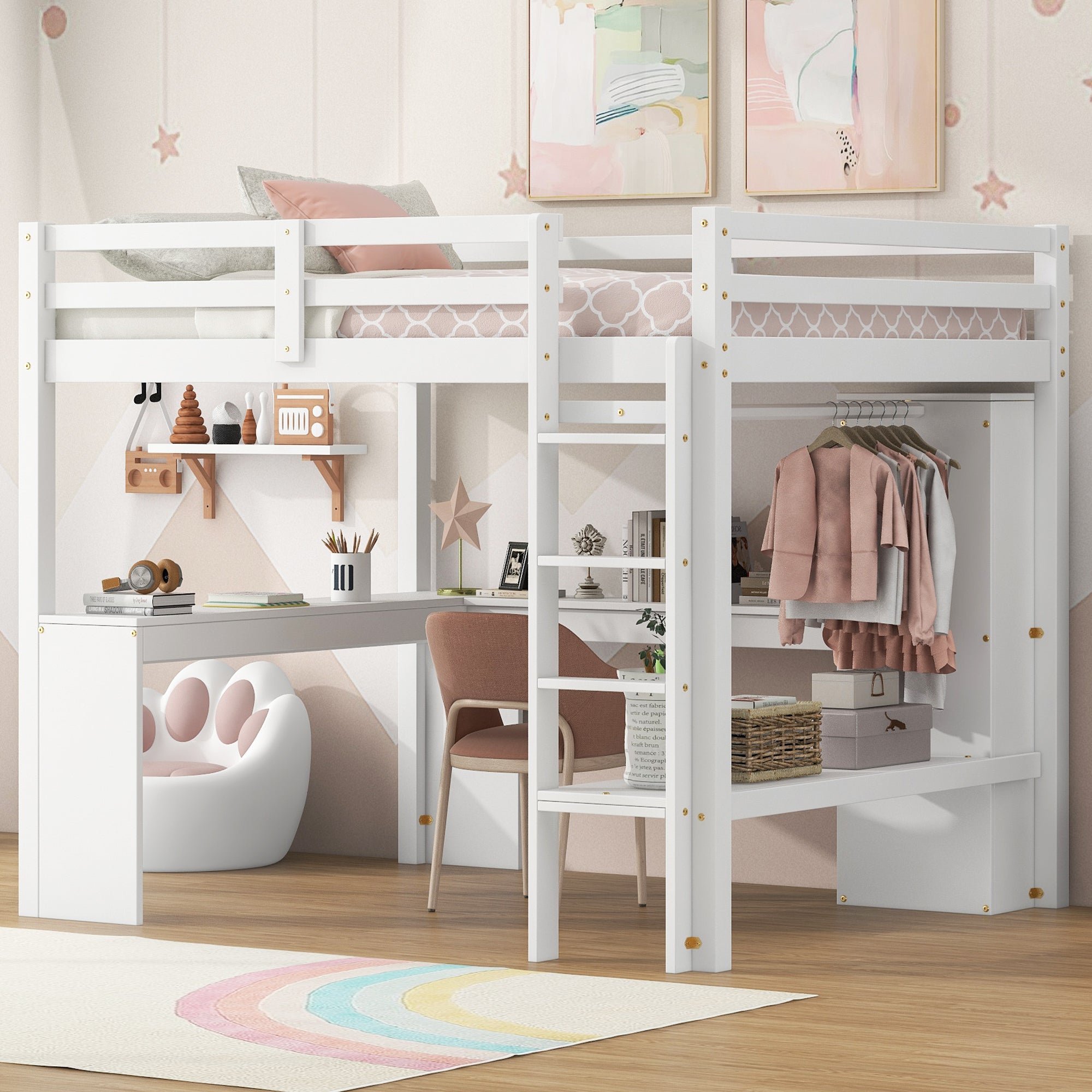 Full Size Loft Bed With L Shaped Desk, Wardrobe And Storage Shelves, White Expected Arrival Time: 8.31 Box Spring Not Required Full White Wood Bedroom Solid Wood Mdf