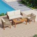 4 Piece Patio Conversation Set, Solid Wood Loveseat, 2 Chairs And Table, Outdoor Conversation Group With Cushions For Backyard, Poolside, Garden Beige Cushion Natural Rope Beige Natural Woven Rope
