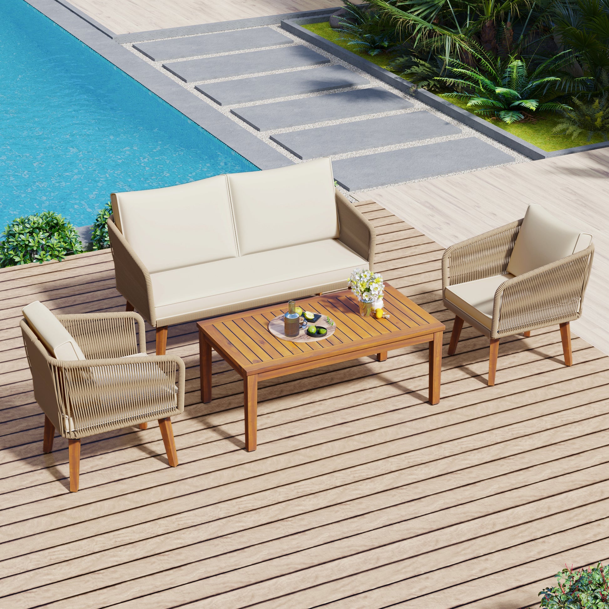 4 Piece Patio Conversation Set, Solid Wood Loveseat, 2 Chairs And Table, Outdoor Conversation Group With Cushions For Backyard, Poolside, Garden Beige Cushion Natural Rope Beige Natural Woven Rope