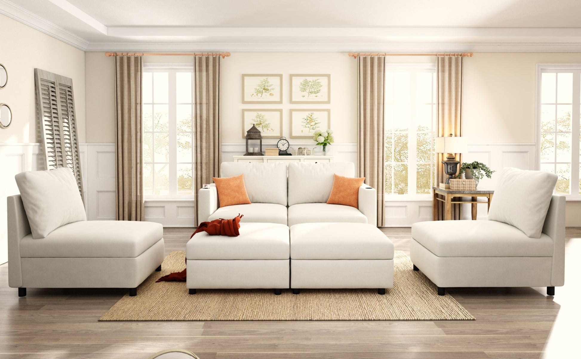 Modern Large Sectional Sofa, U Shape Modular Sectional Couch With Storage Function,123" Sofa Bed With Ottoman,6 Seat Sectionals Chaise For Living Room,Chenille Antique White Fabric 6 Seat