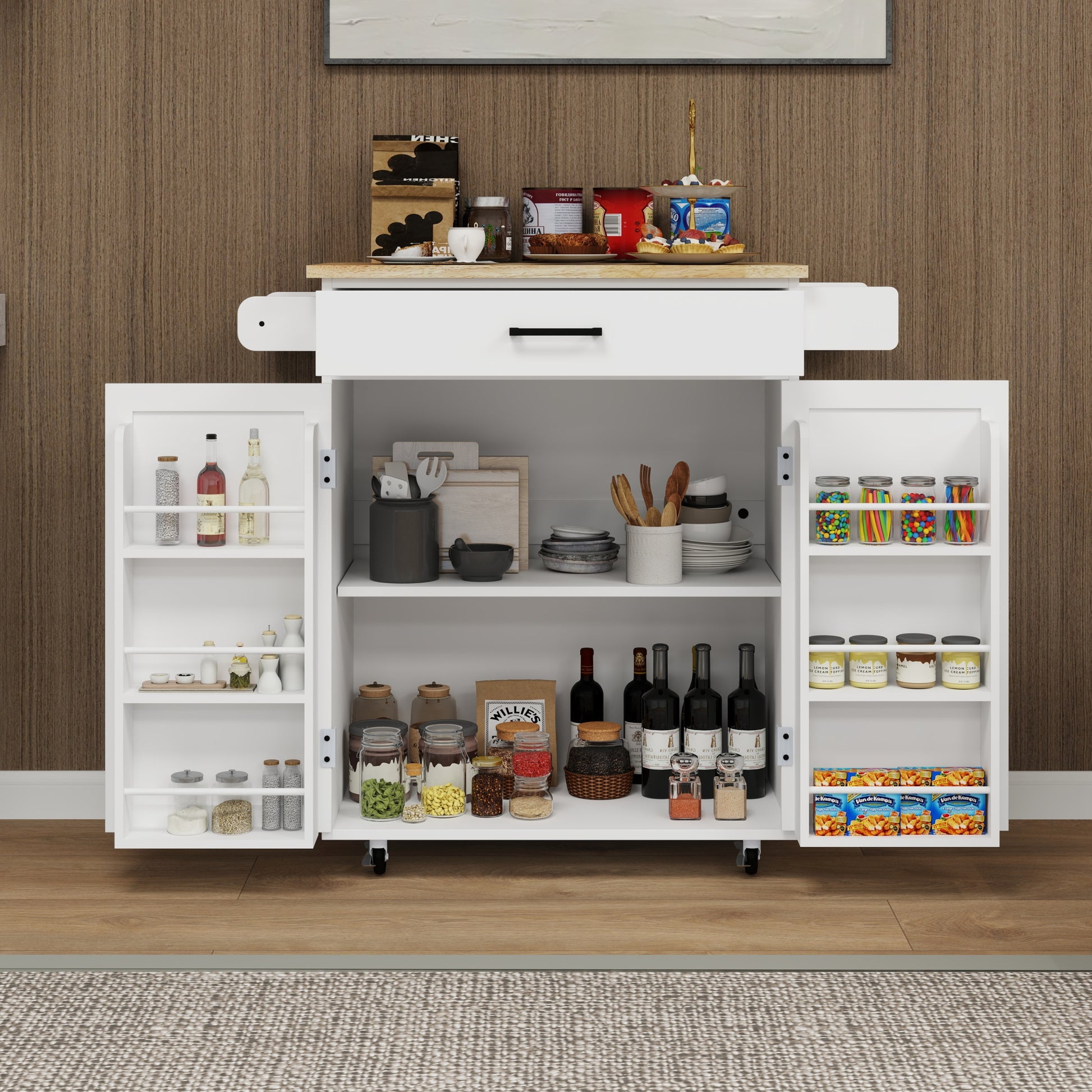 Kitchen Island Rolling Trolley Cart With 1 Drawer & 2 Doors With Storage Racks & Adjustable Shelves & Towel Rack & Seasoning Rack Rubber Wood Table Top White White Solid Wood Mdf