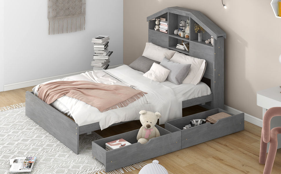 Full Size Wood Platform Bed With House Shaped Storage Headboard And 2 Drawers, Gray Box Spring Not Required Full Gray Wood Bedroom Solid Wood Mdf